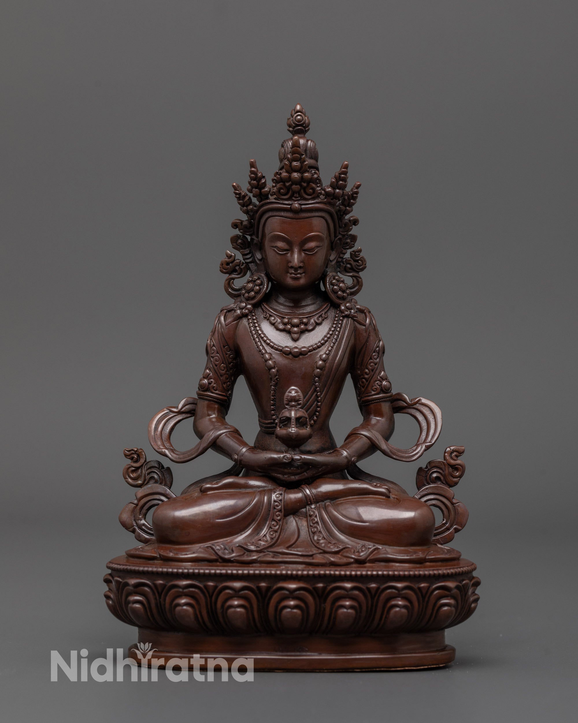 Front view of Oxidized Amitayus Statue with nectar vase in dhyana mudra and flowing robes