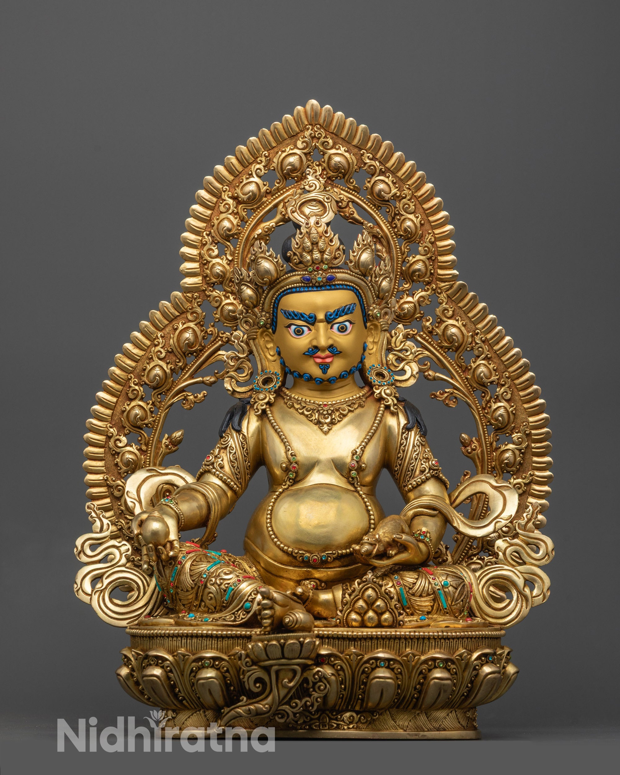 Front view of Premium Dzambhala Statue hand-carved in Nepal with 24k fire gold gilding