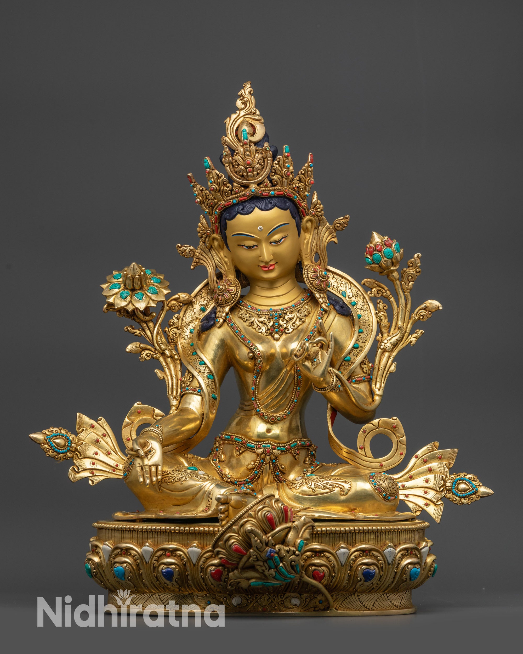 Front view of Premium Green Tara statue on lotus seat with gold-gilded crown