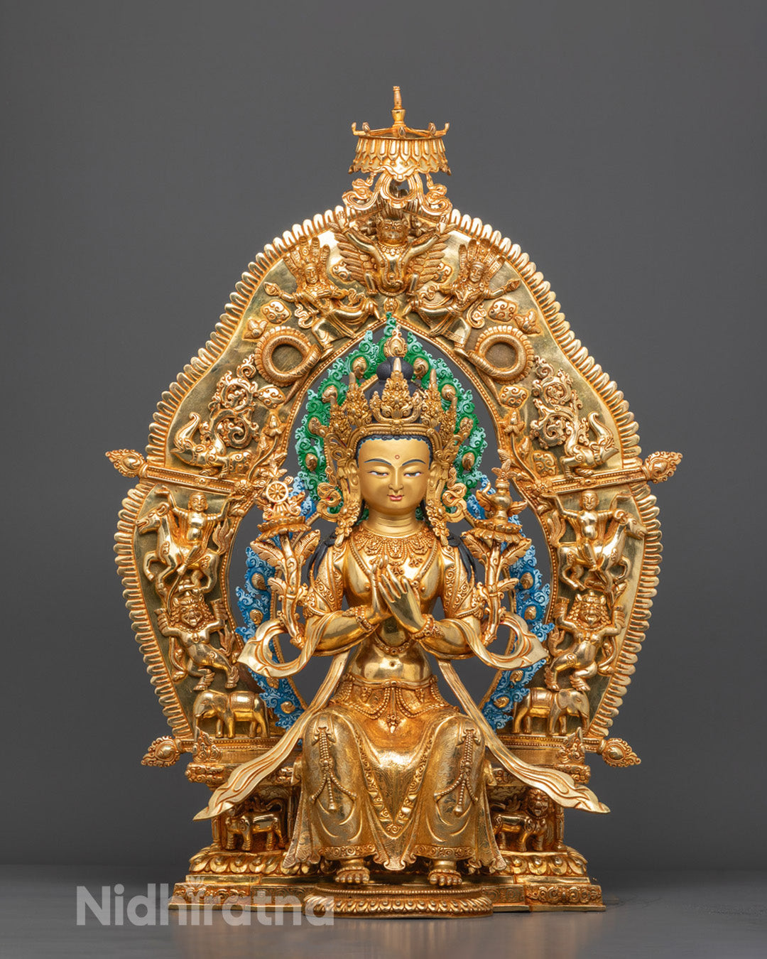 Front view of Religious Maitreya Buddha Statue with gold-gilded face and lion throne