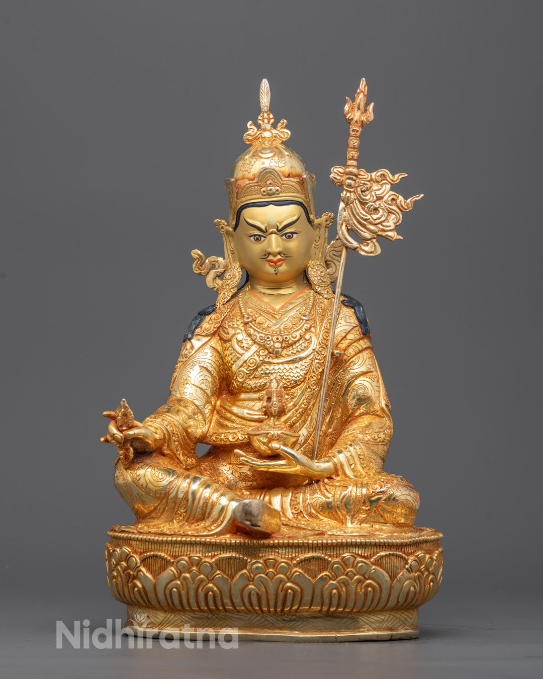 Front view of Sacred Tantrik Padmasambhava Sculpture with gold-gilded face
