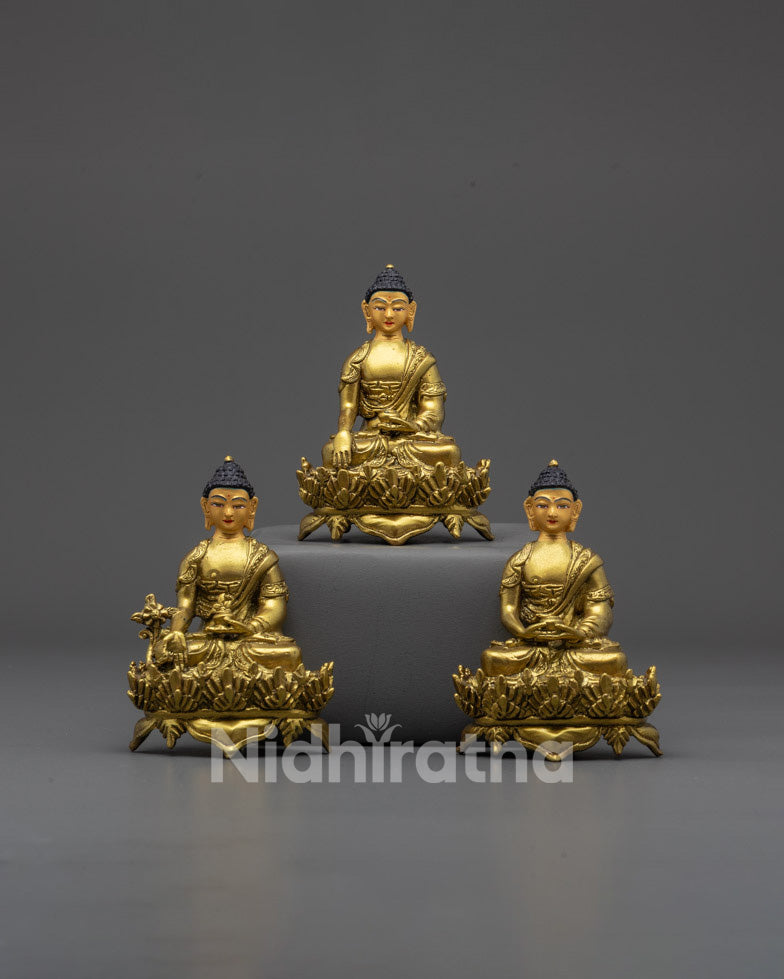 Front view of Sacred Trio Buddha Statue with gold-gilded face and intricate hand-carved details