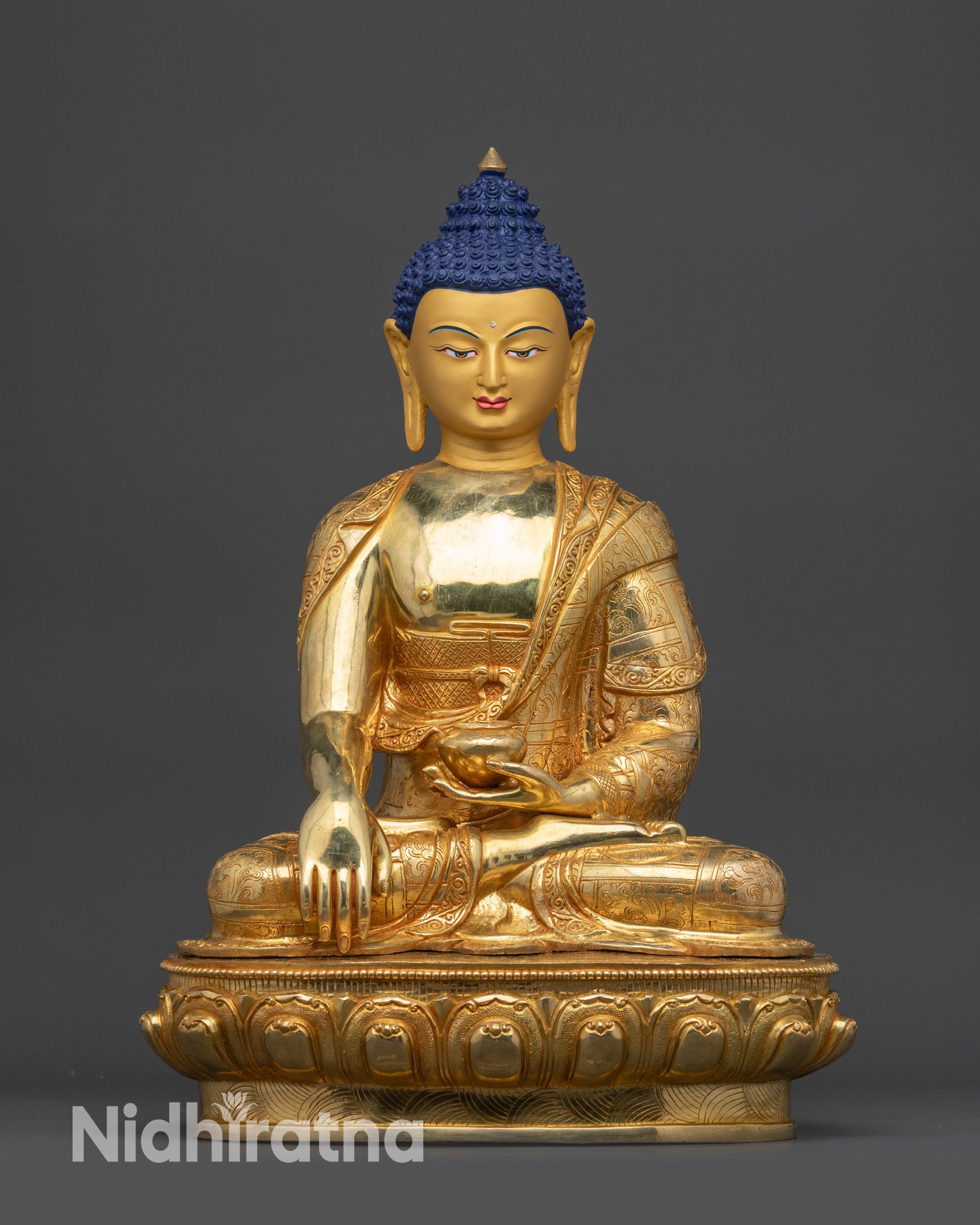 Front view of Seated Shakyamuni Buddha Sculpture on gold fire-gilded base