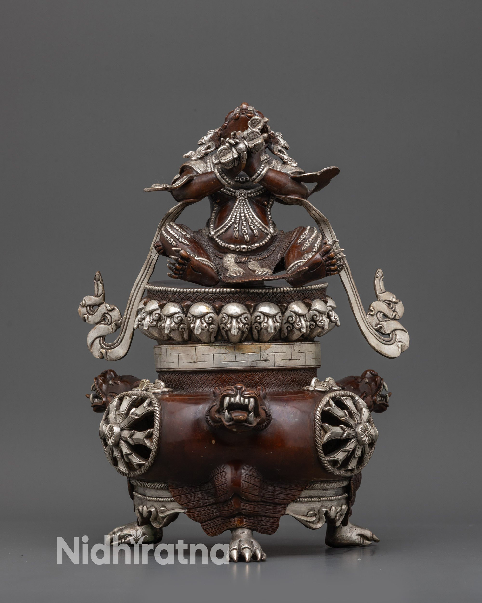 Front view of Silver-Plated Oxidized Vajradhaka Statue with fierce expression