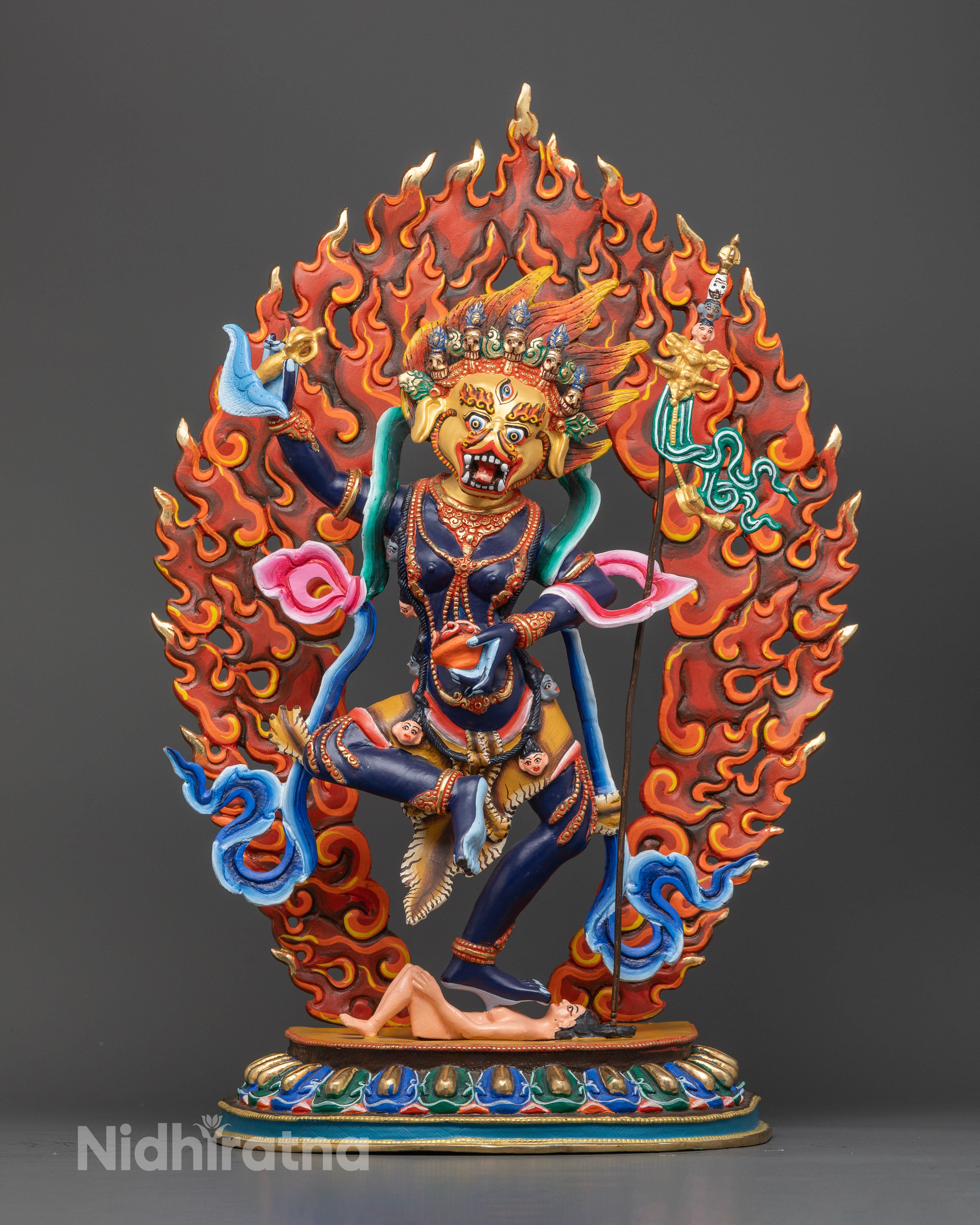 Front view of Simhamukha Statue in 24k gold with intricate Thai lion details