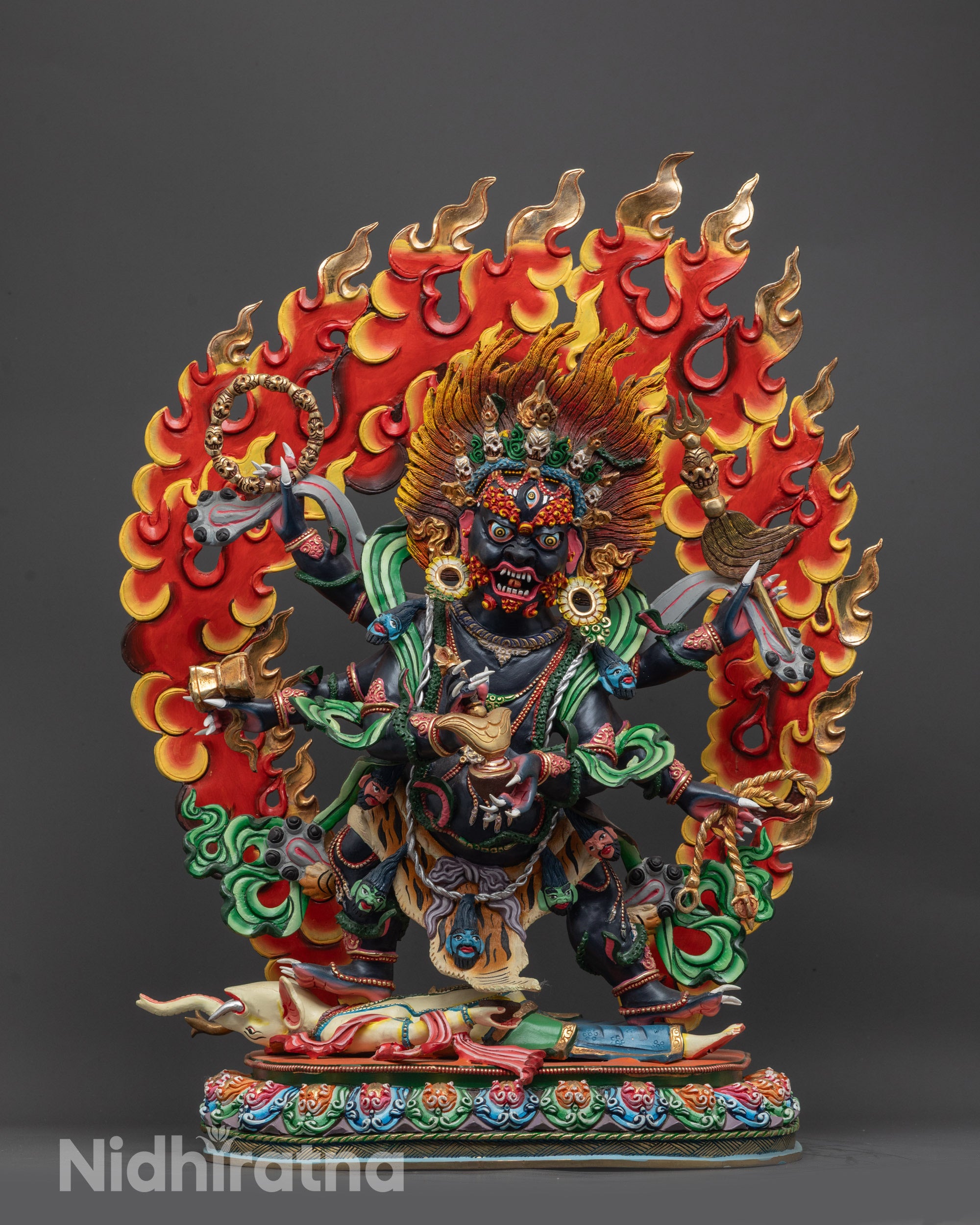 Front view of Six-Armed Mahakala Statue in dark blue, hand-crafted Nepalese protector