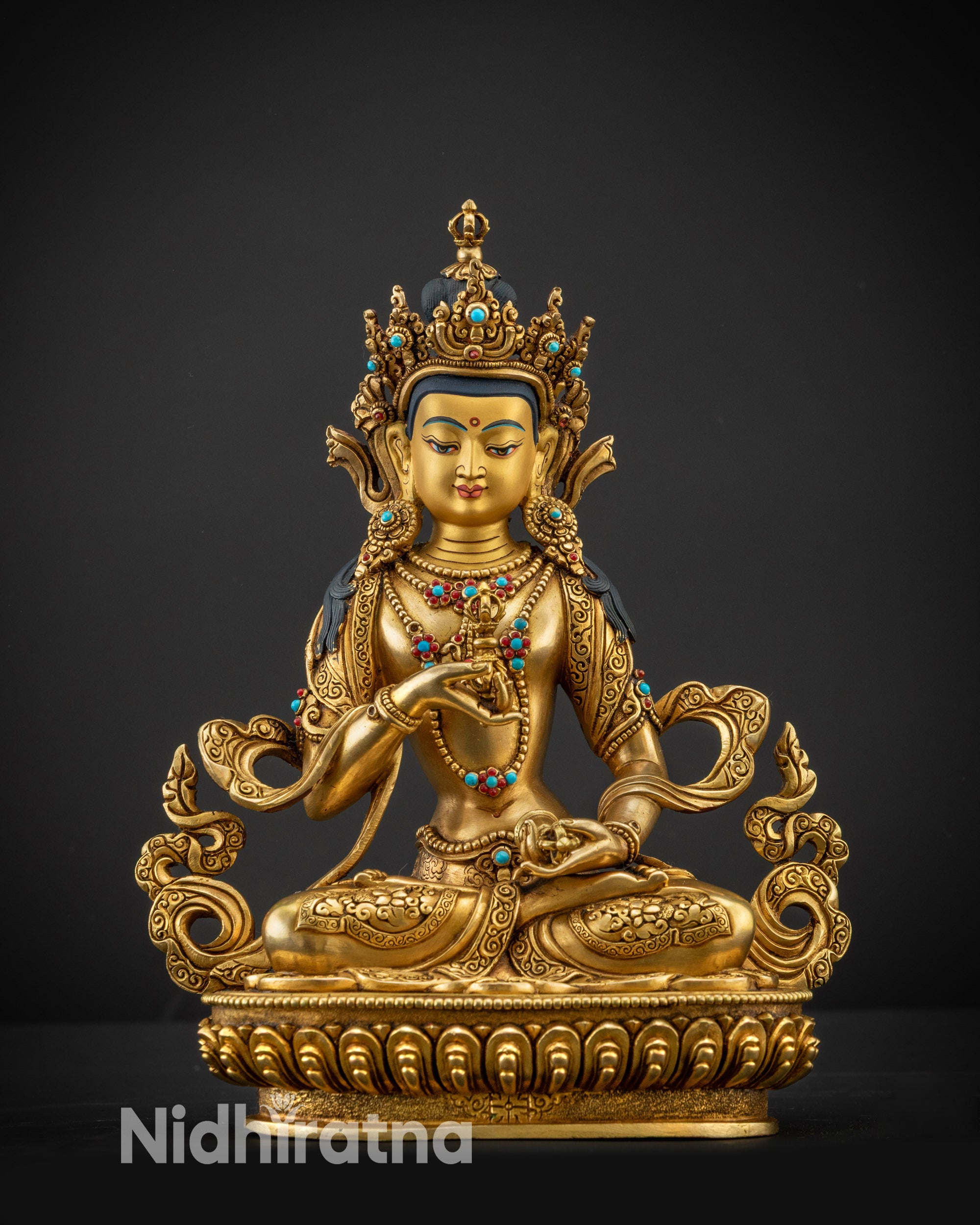 Front view of Spiritual Purifier Vajrasattva Statue with lotus seat and gold-gilded body