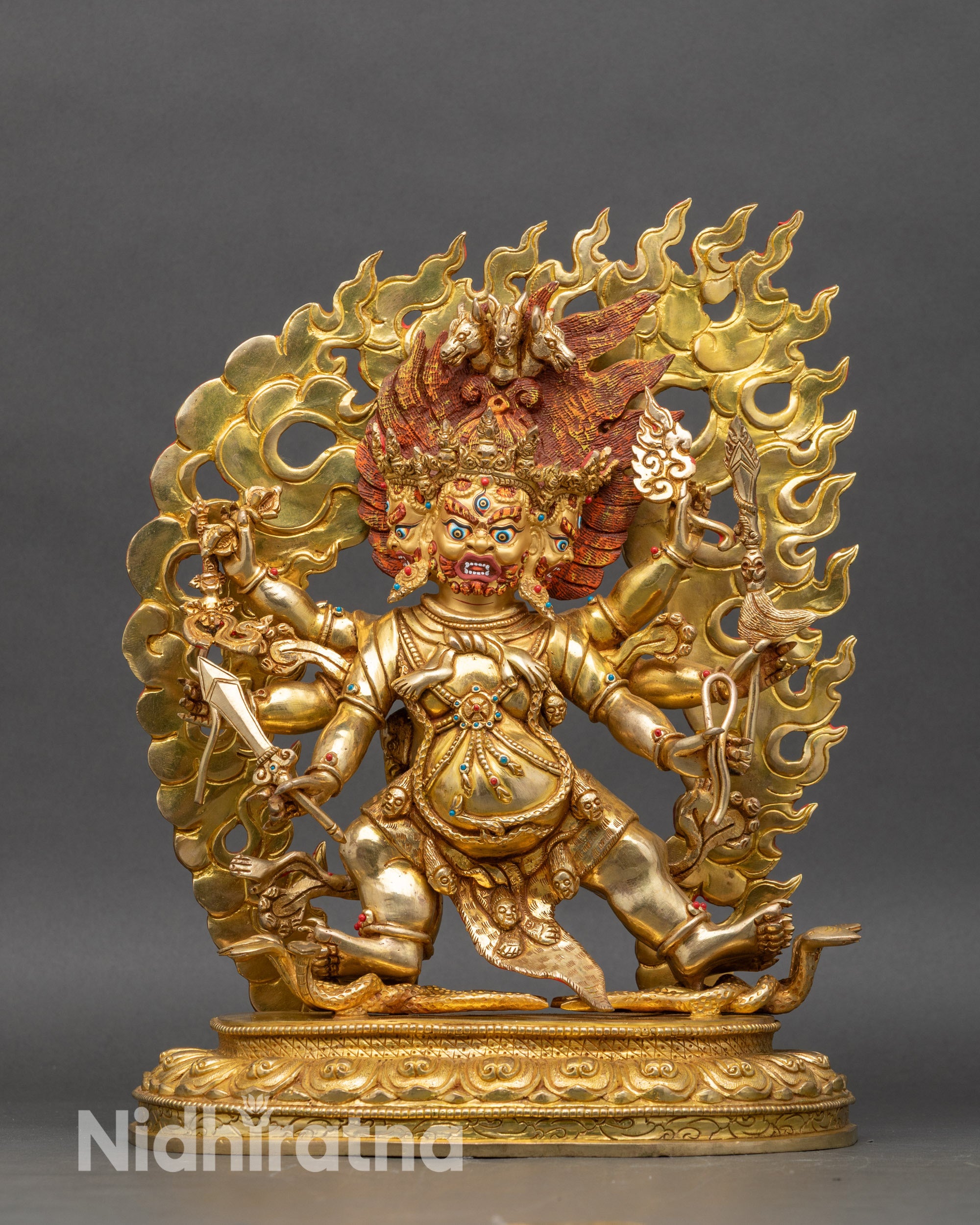 Front view of Tibetan Hayagriva statue, six arms, gold fire-gilded copper sculpture