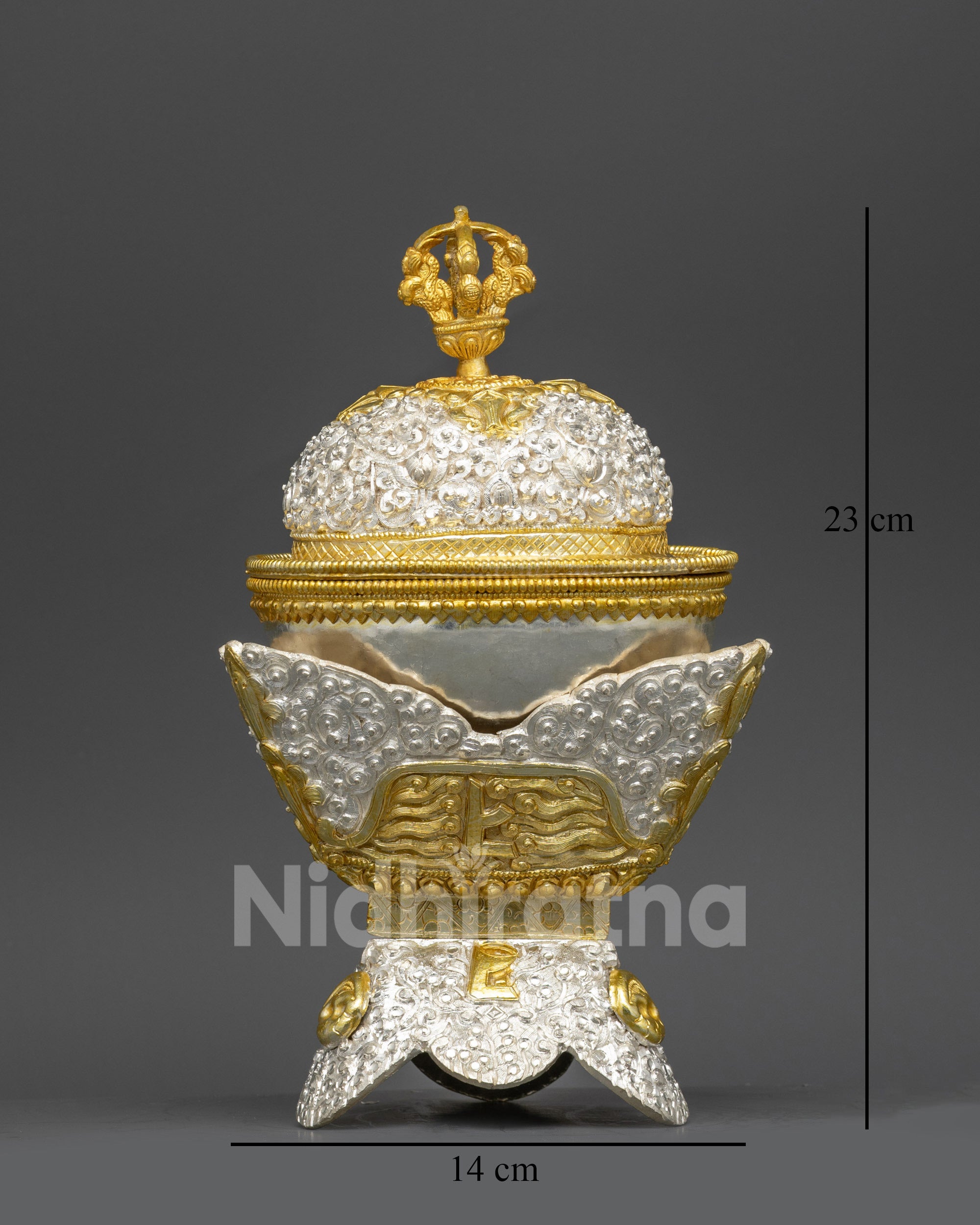 Front view of Tibetan Kapala handcrafted silver and gold-plated ritual skull cup