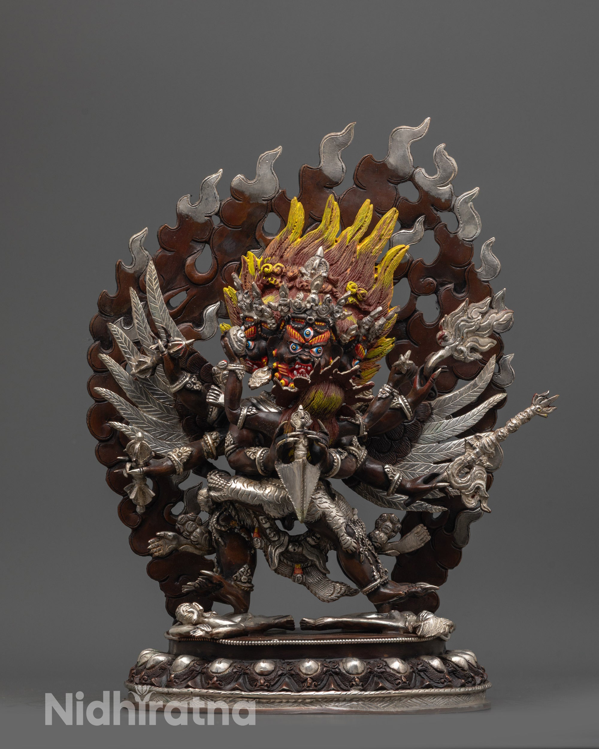 Front view of Vajrakilaya Statue handcrafted in oxidized copper with silver-plated finish