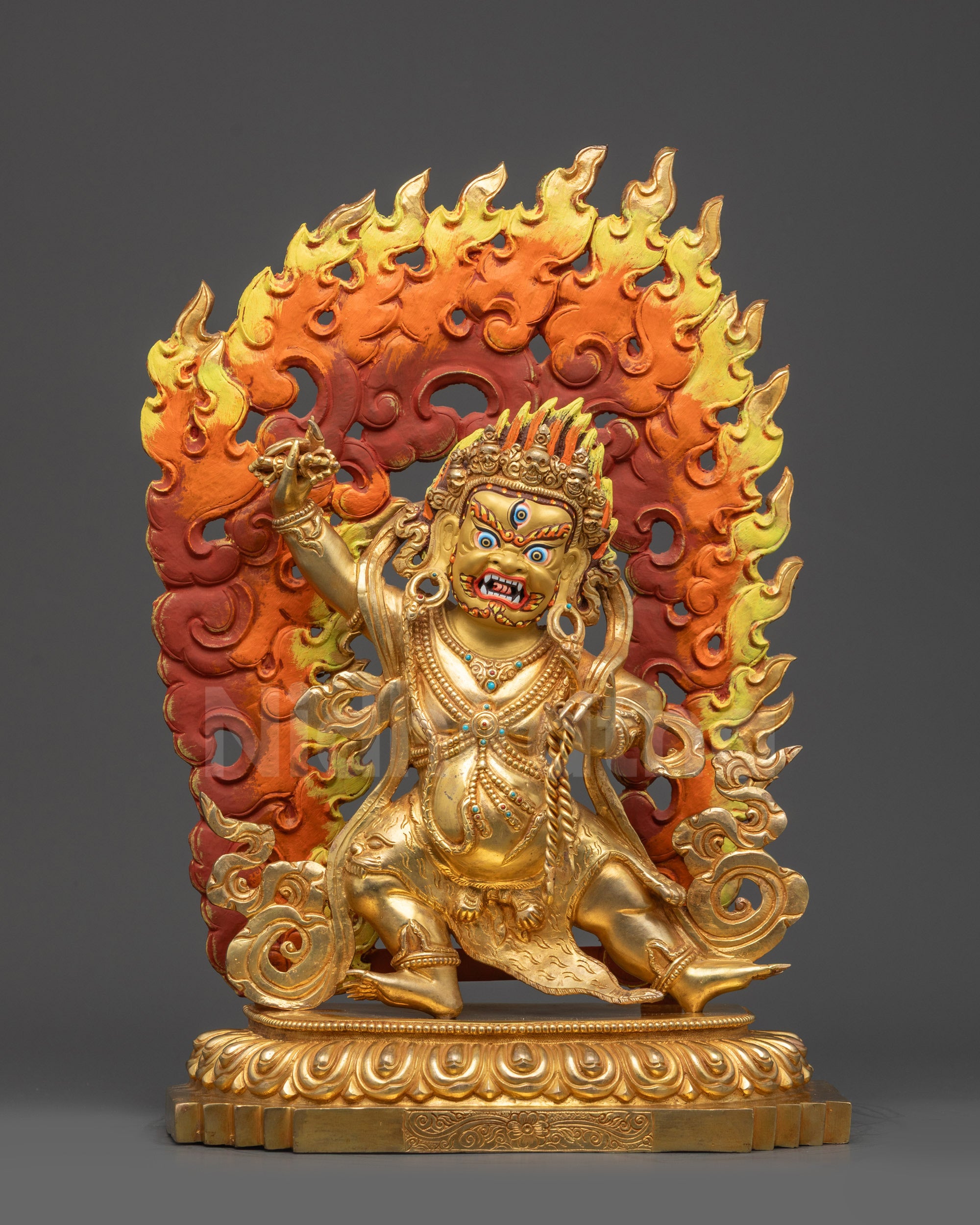 Front view of Vajrapani Bodhisattva Statue on lotus seat with gold fire-gilded base