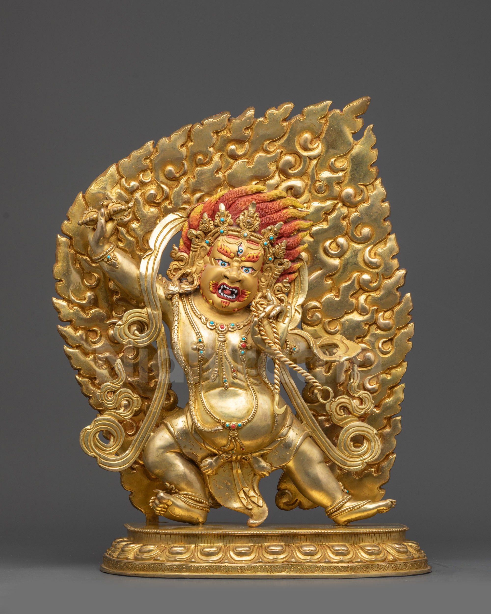 Front view of Vajrapani Guardian Deity Statue on lotus seat with gold-gilded face