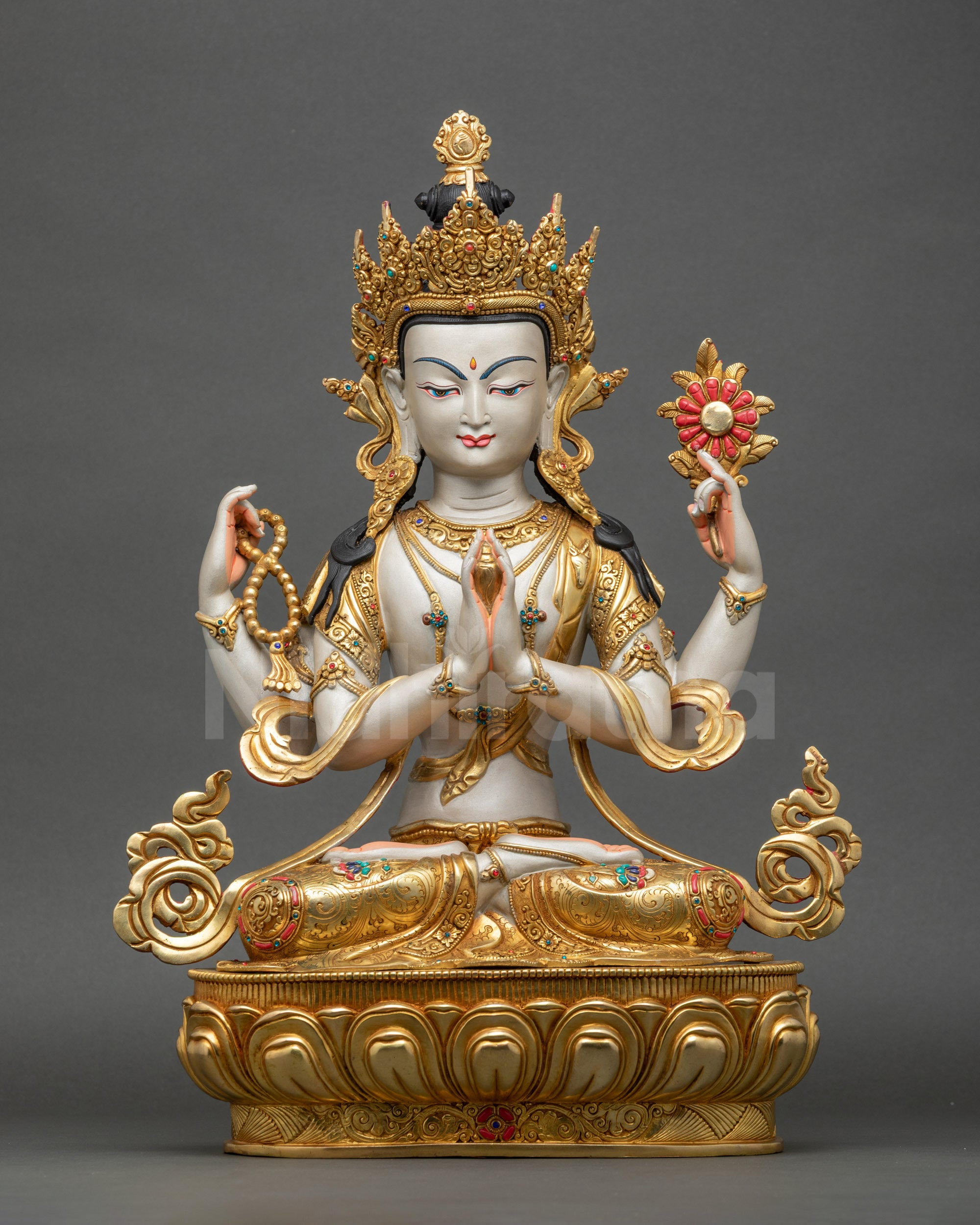 Front view of White-Hued Chenrezig Statue, copper with hand-painted robe and gold jewelry