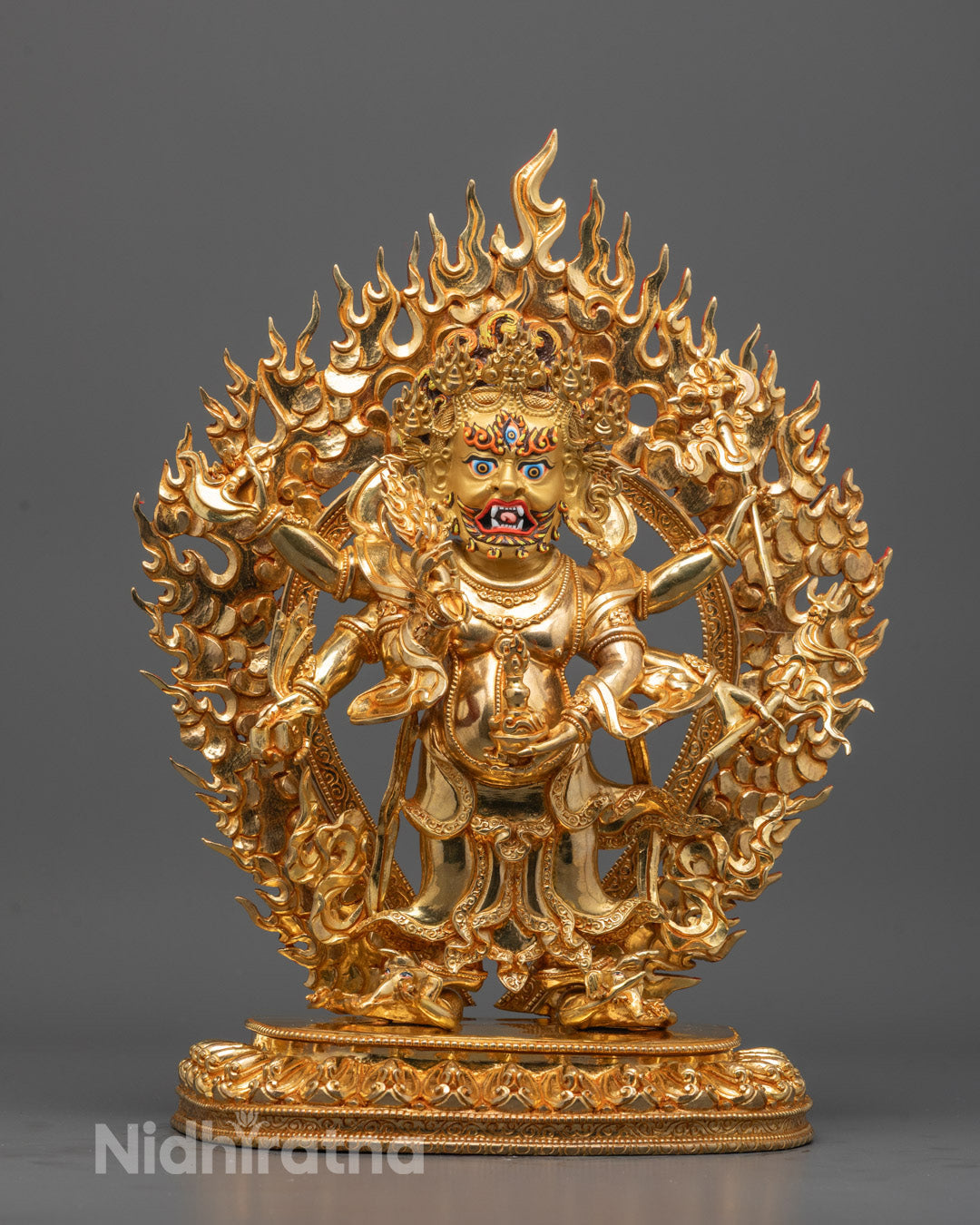 Front view of White Mahakala Statue hand-carved from copper