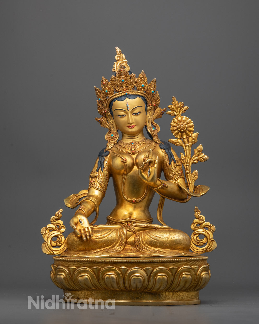 Front view of White Tara Statue hand-carved from copper and gilded with 24k gold