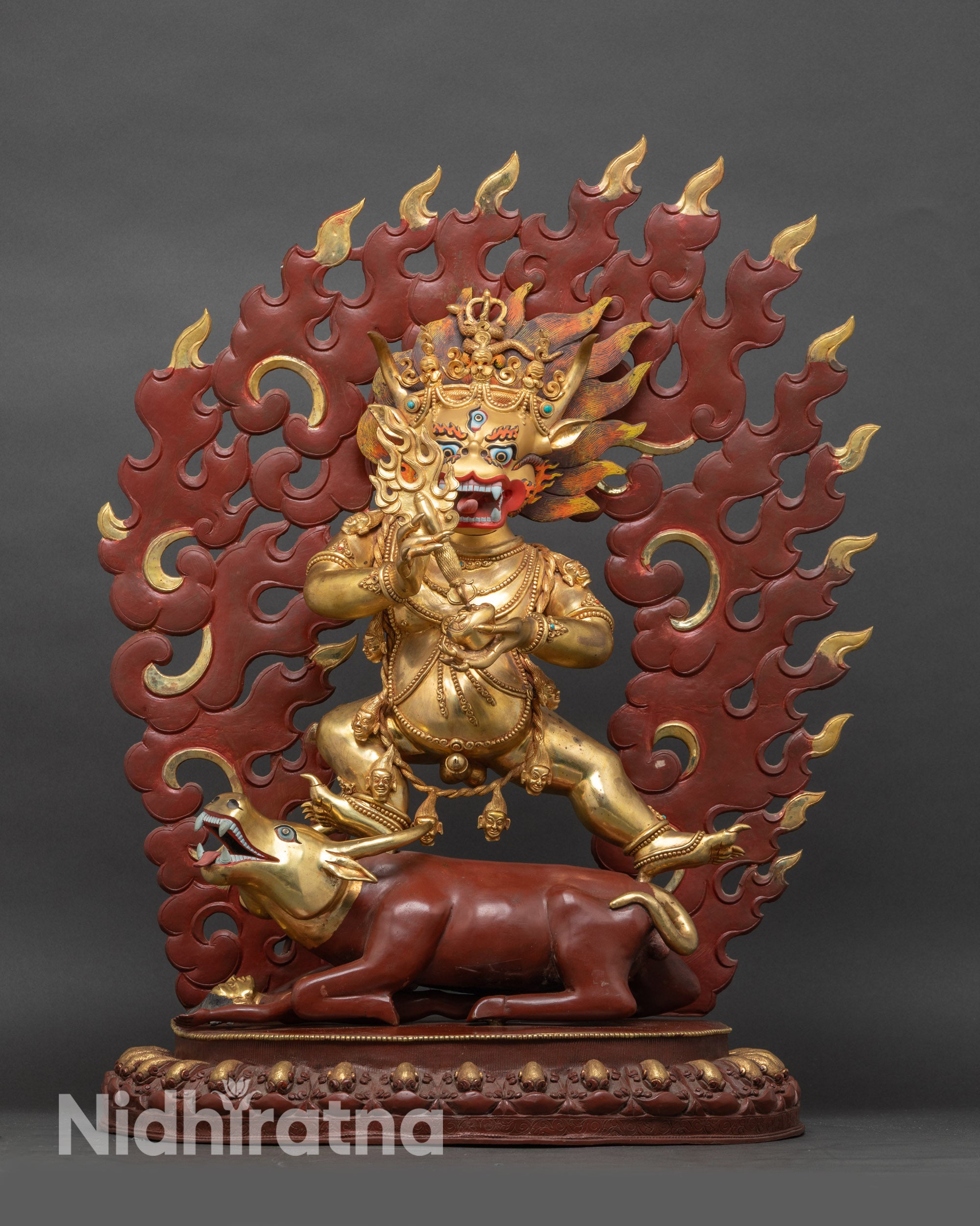 Front view of Yamantaka statue, handmade copper alloy with gold-fire gilding