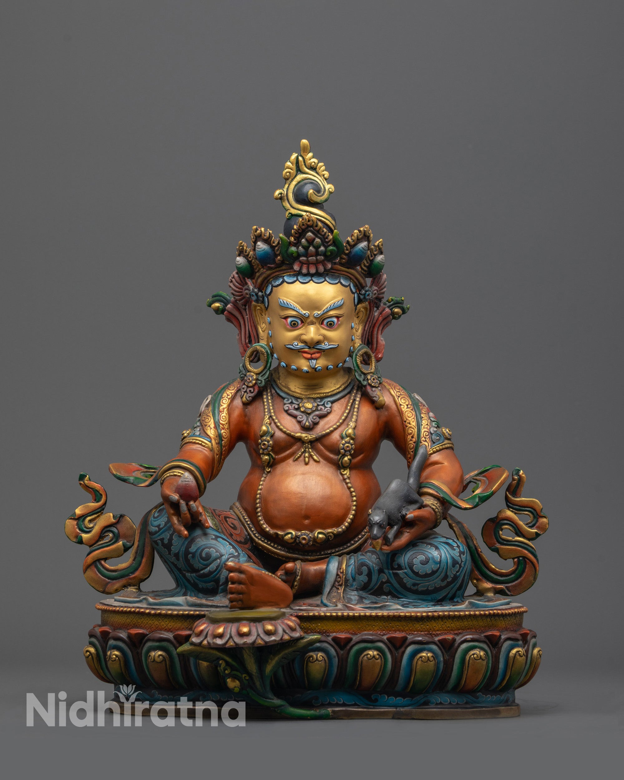 Front view of hand-carved Dzambhala Statue with 24k gold gilded face