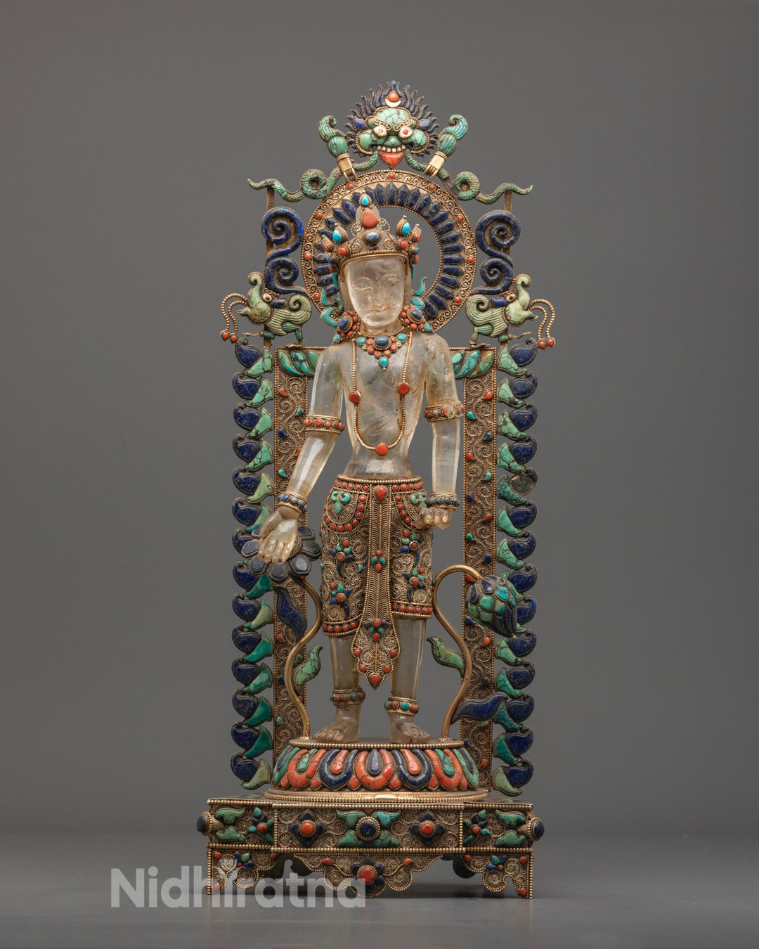 Front view of hand-carved Lokeshwor statue made from copper and precious stones, featuring vibrant acrylic detailing and serene facial expression.