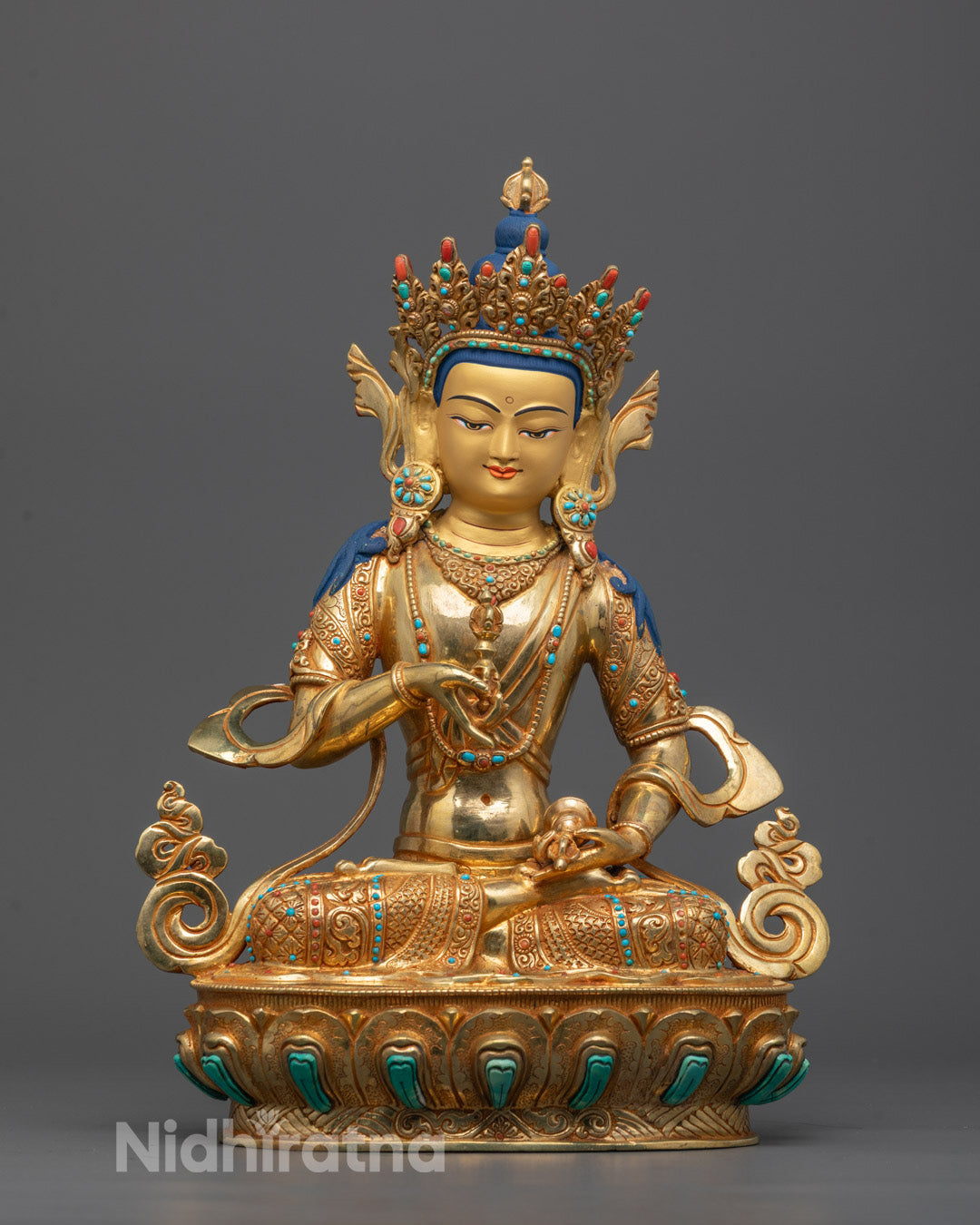 Front view of hand-carved Vajrasattva Sculpture seated on lotus base