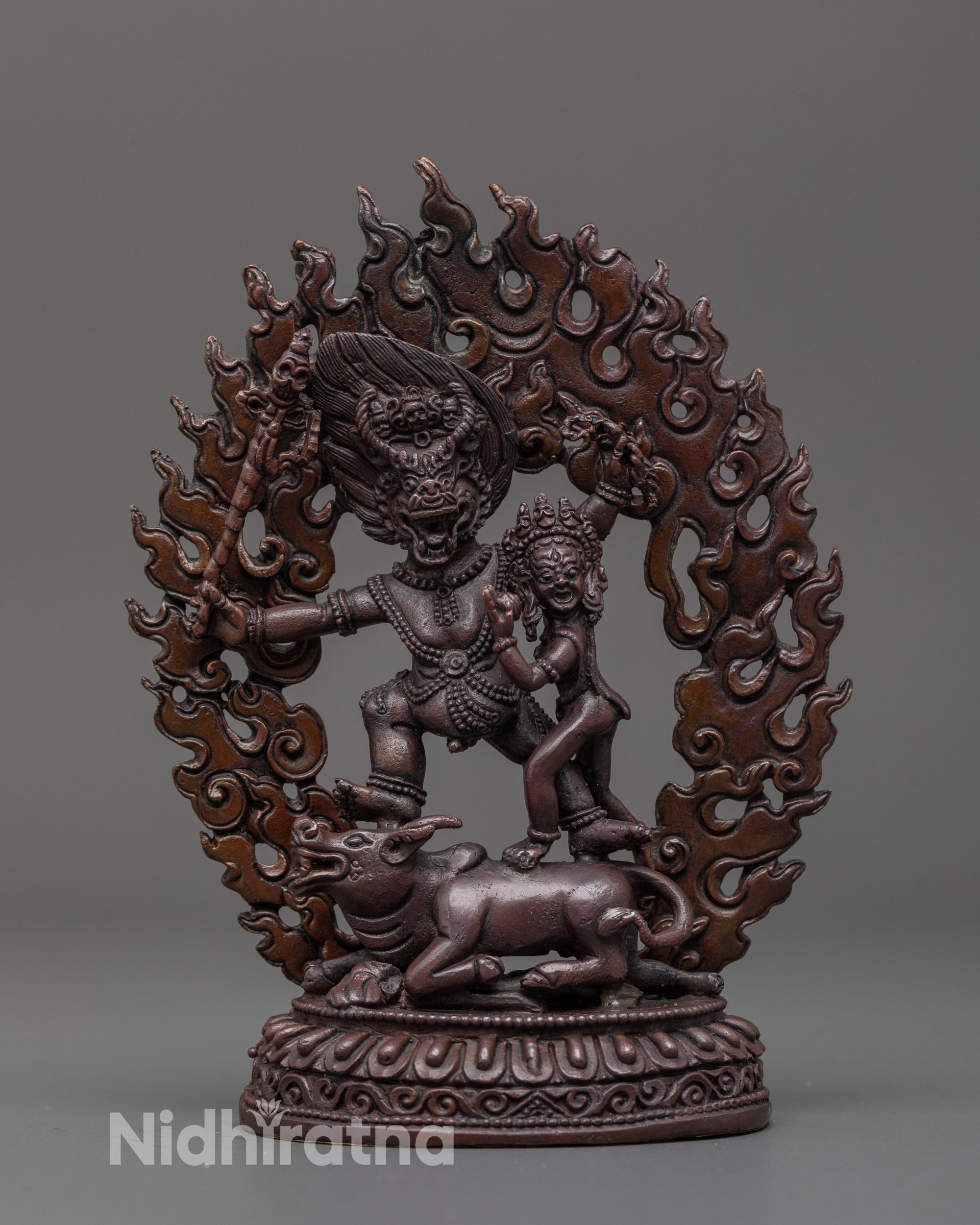 Front view of hand-carved Yama Dharmaraja and Consort Statue made in Nepal