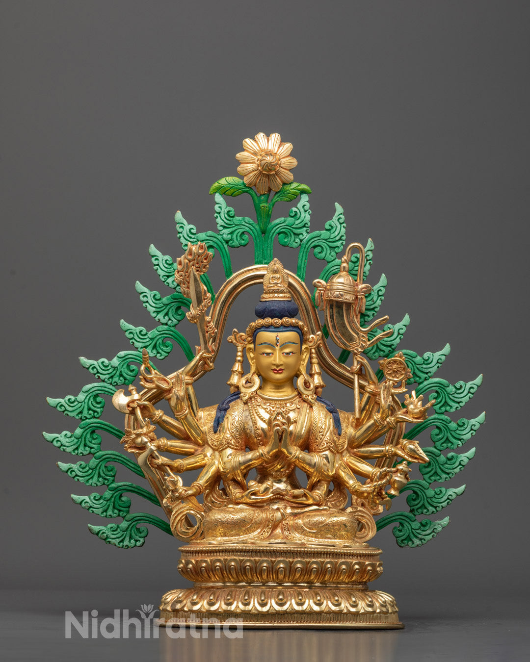 Front view of handcrafted Cundi Bodhisattva Statue with gold-gilded face and lotus throne