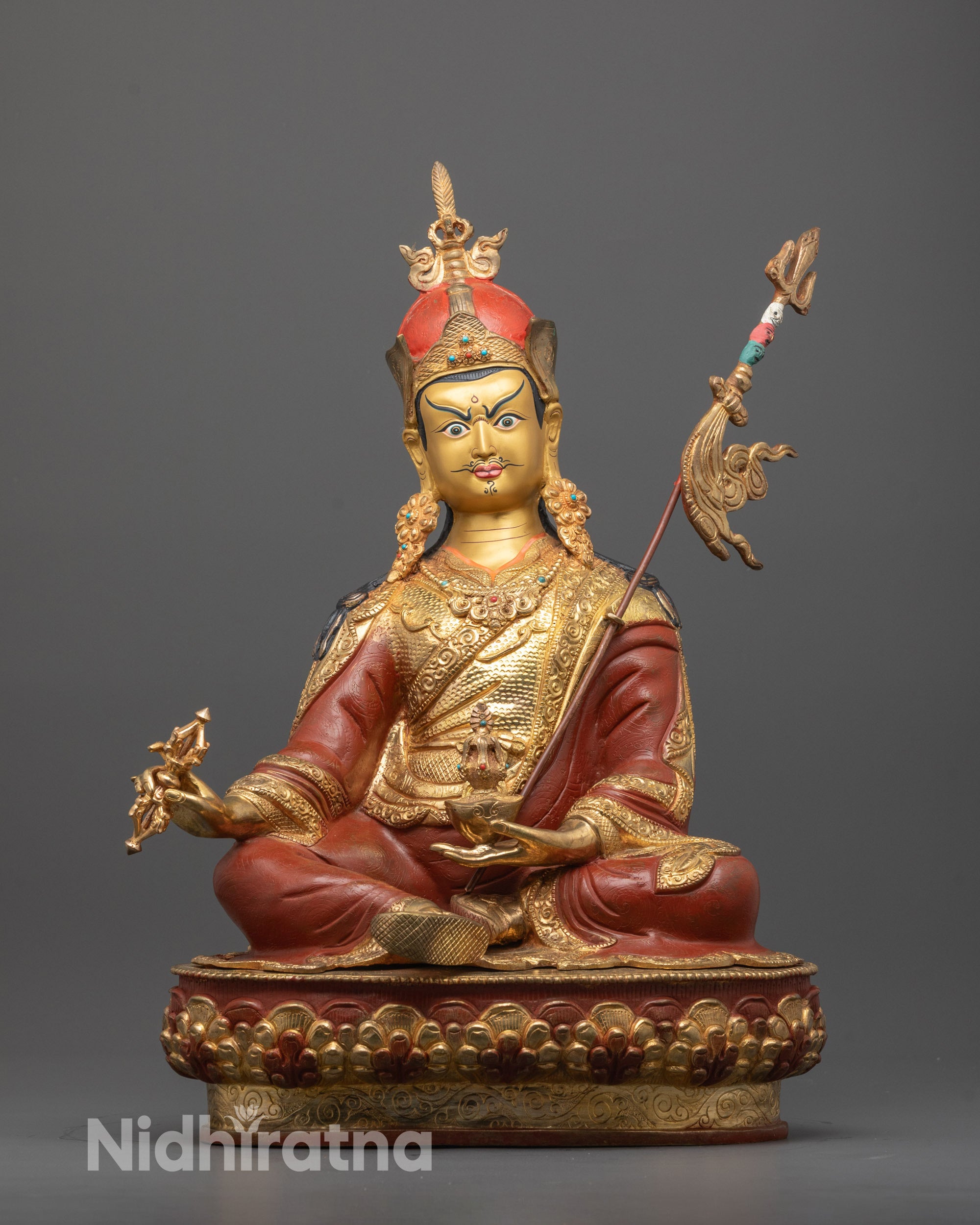 Front view of handcrafted Guru Rinpoche Statue with half-body 24k fire gold gilded finish