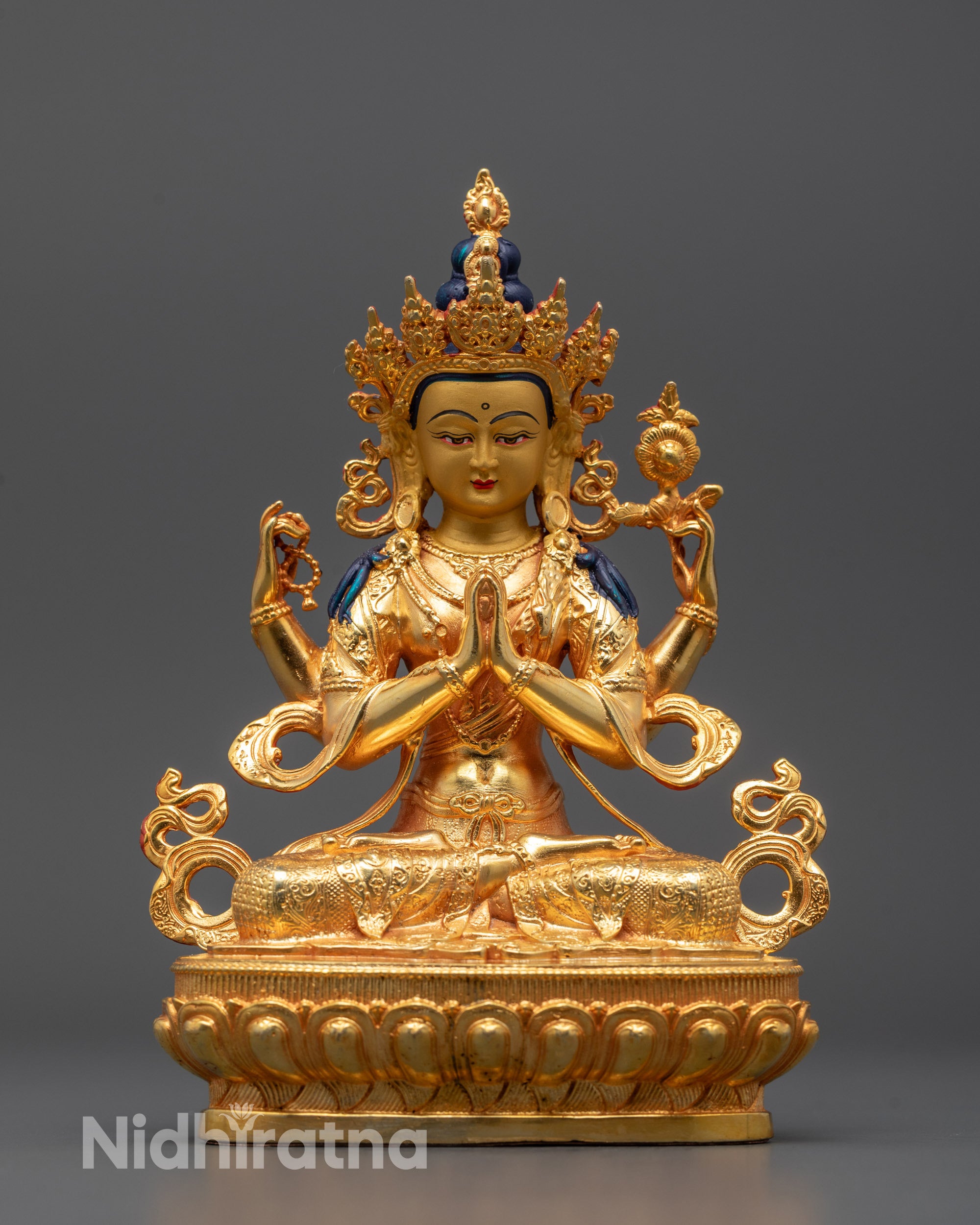 Front view of handcrafted four-armed Chenrezig Statue polished with 24k fire gold gilding