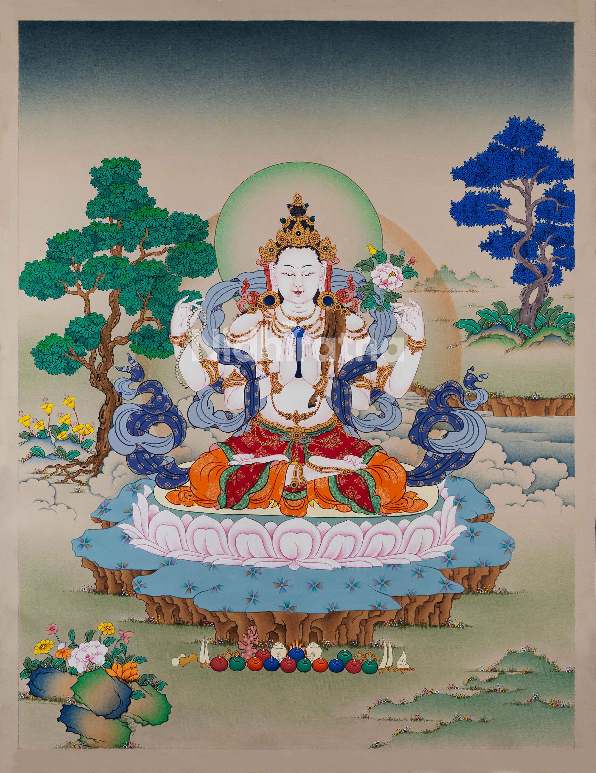 Front view of handpainted Chenrezig Thangka print showing four-armed Bodhisattva of Compassion