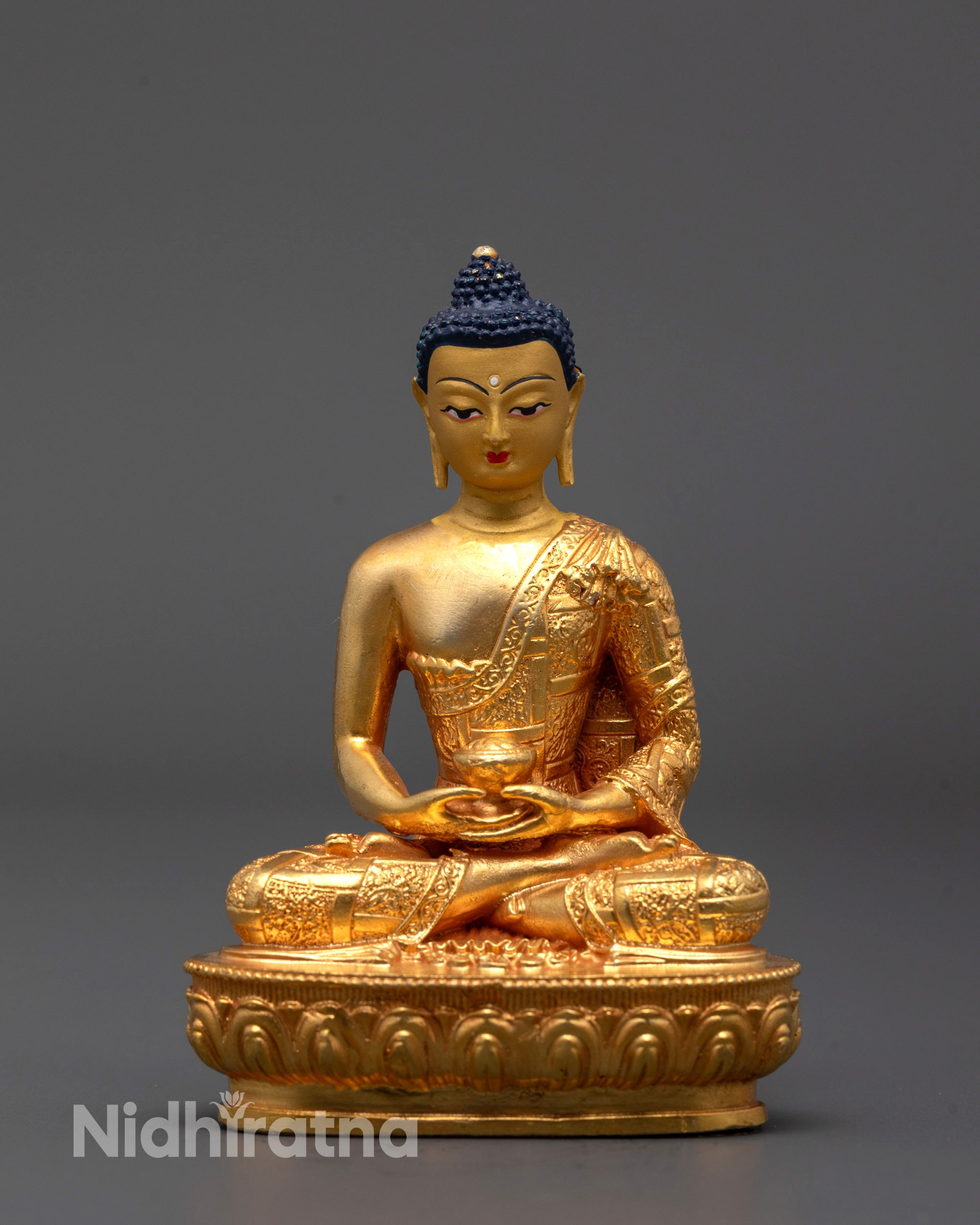Front view of machine-made Amitabha Buddha Statue with 24k gold-plated copper finish,