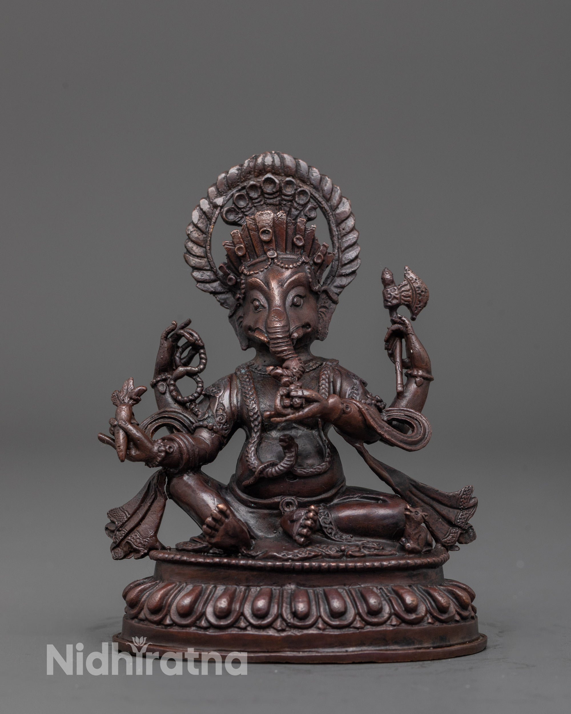 Front view of oxidized Lord Ganesha statue with serpent mala and sacred symbols
