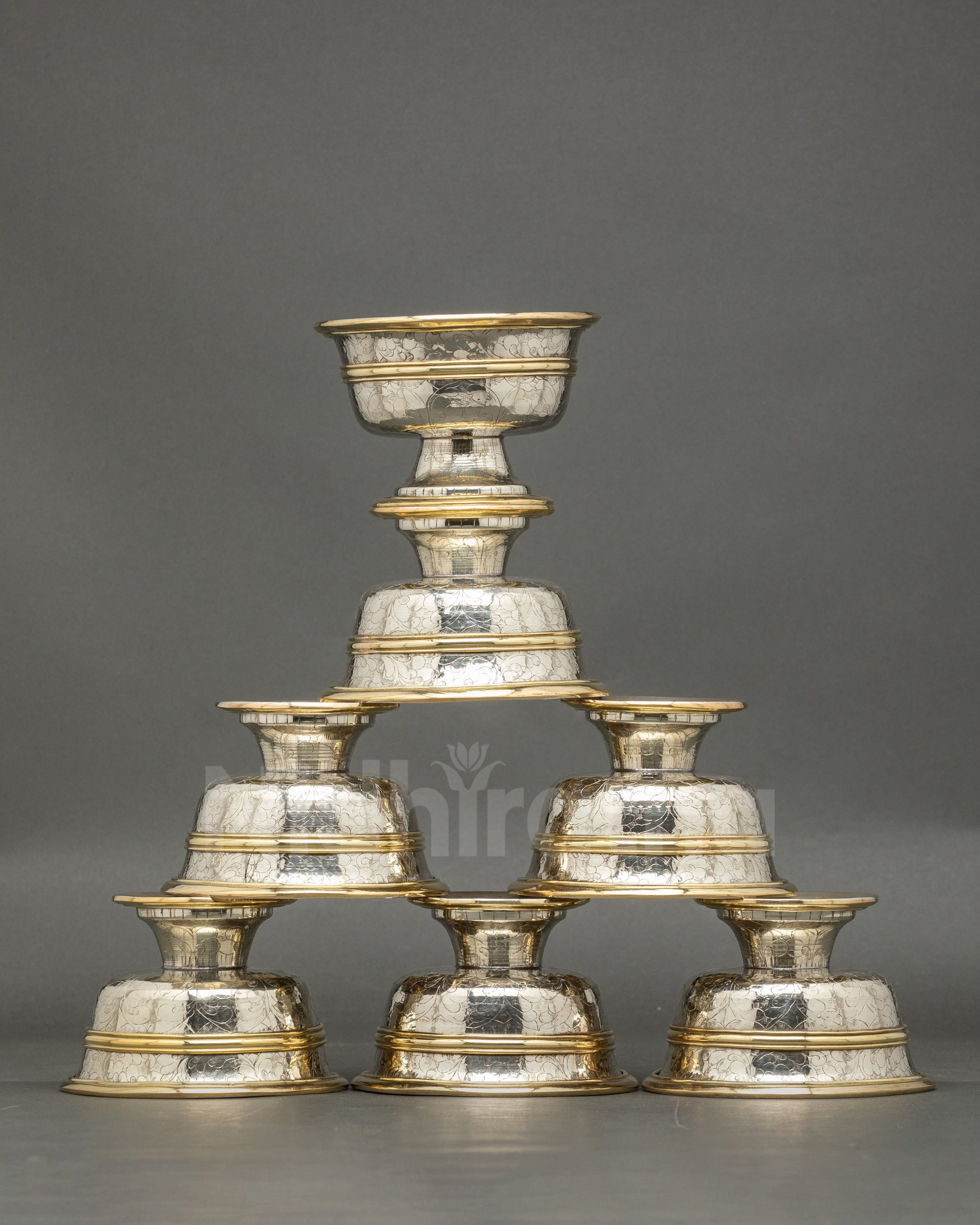 Front view seven bowl silver-plated water offering set handmade Tibetan Buddhist altar