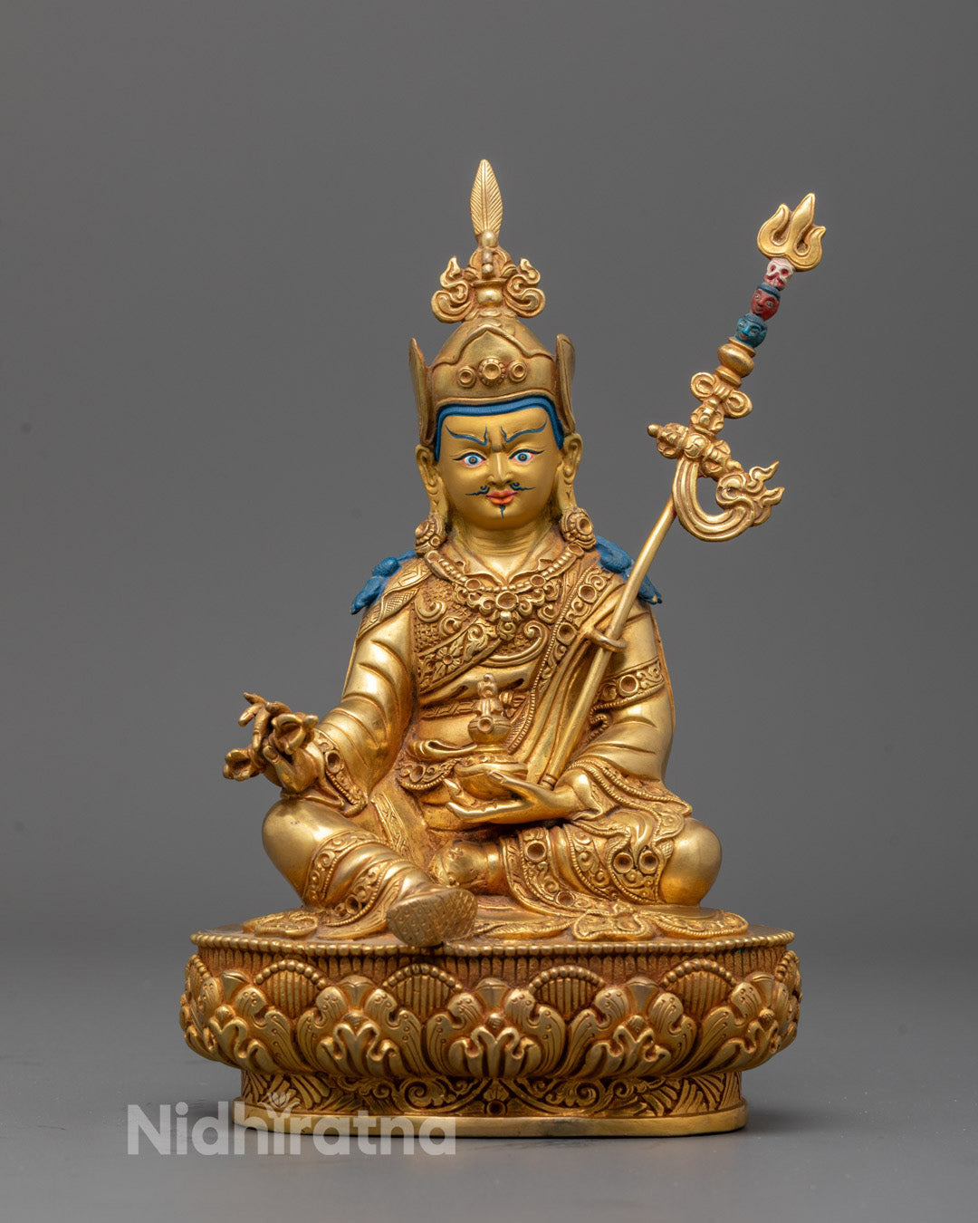 Full-Image of Hand-Carved Guru Rinpoche Statue with 24k Gold Gilded Face on Copper Base