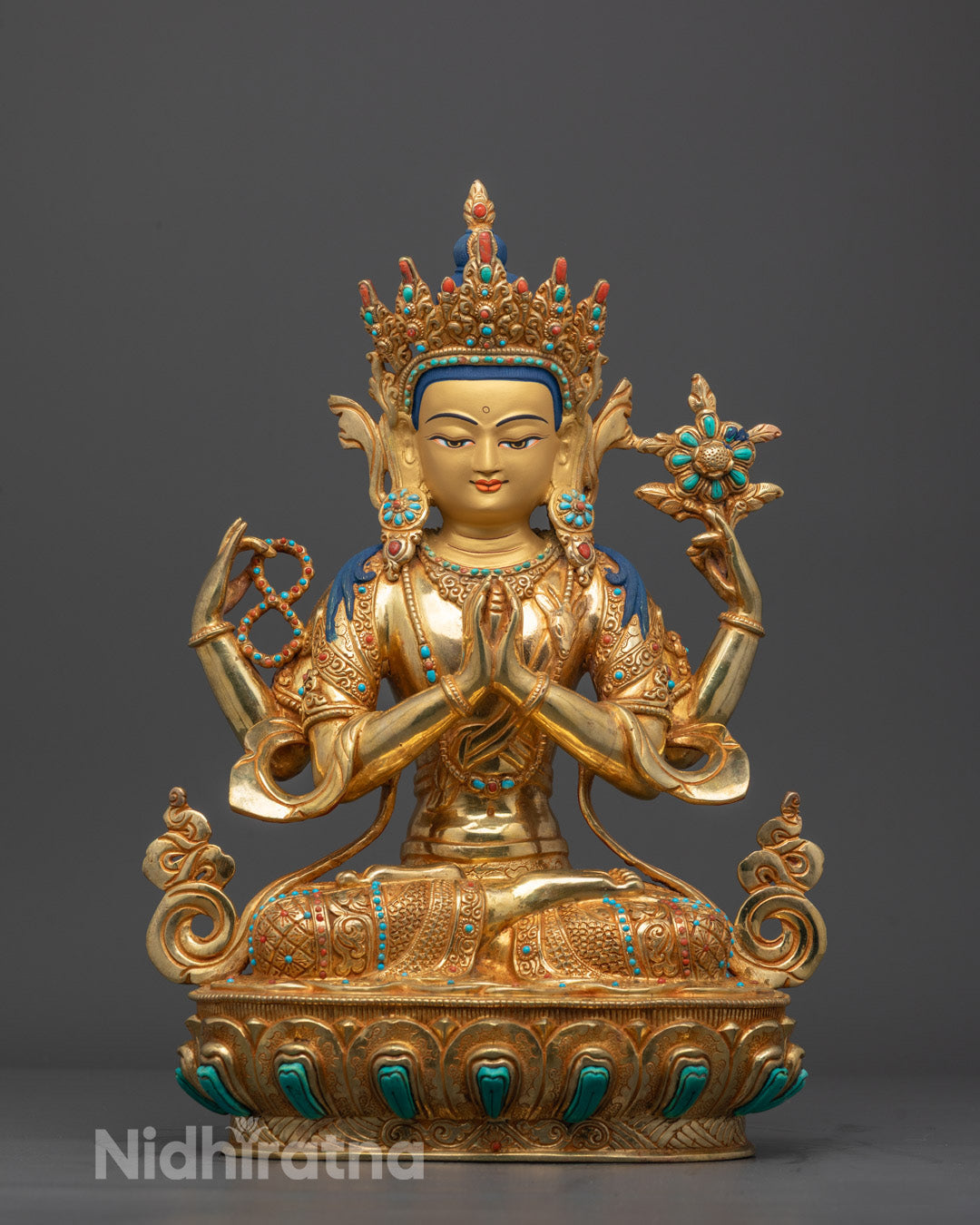 Full-Image of Hand-carved Chenrezig Statue with 24k gold fire gilding on copper base