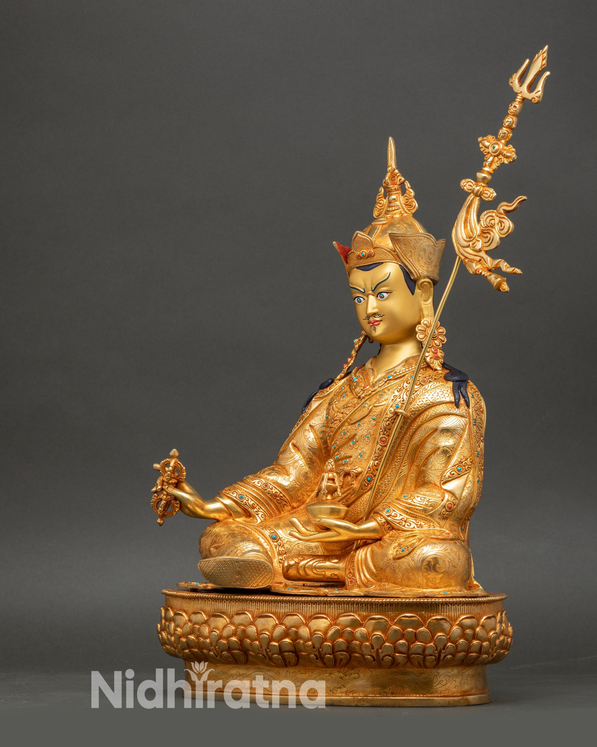 Full-body view of Guru Rinpoche sculpture on lotus seat, Himalayan Buddhist art