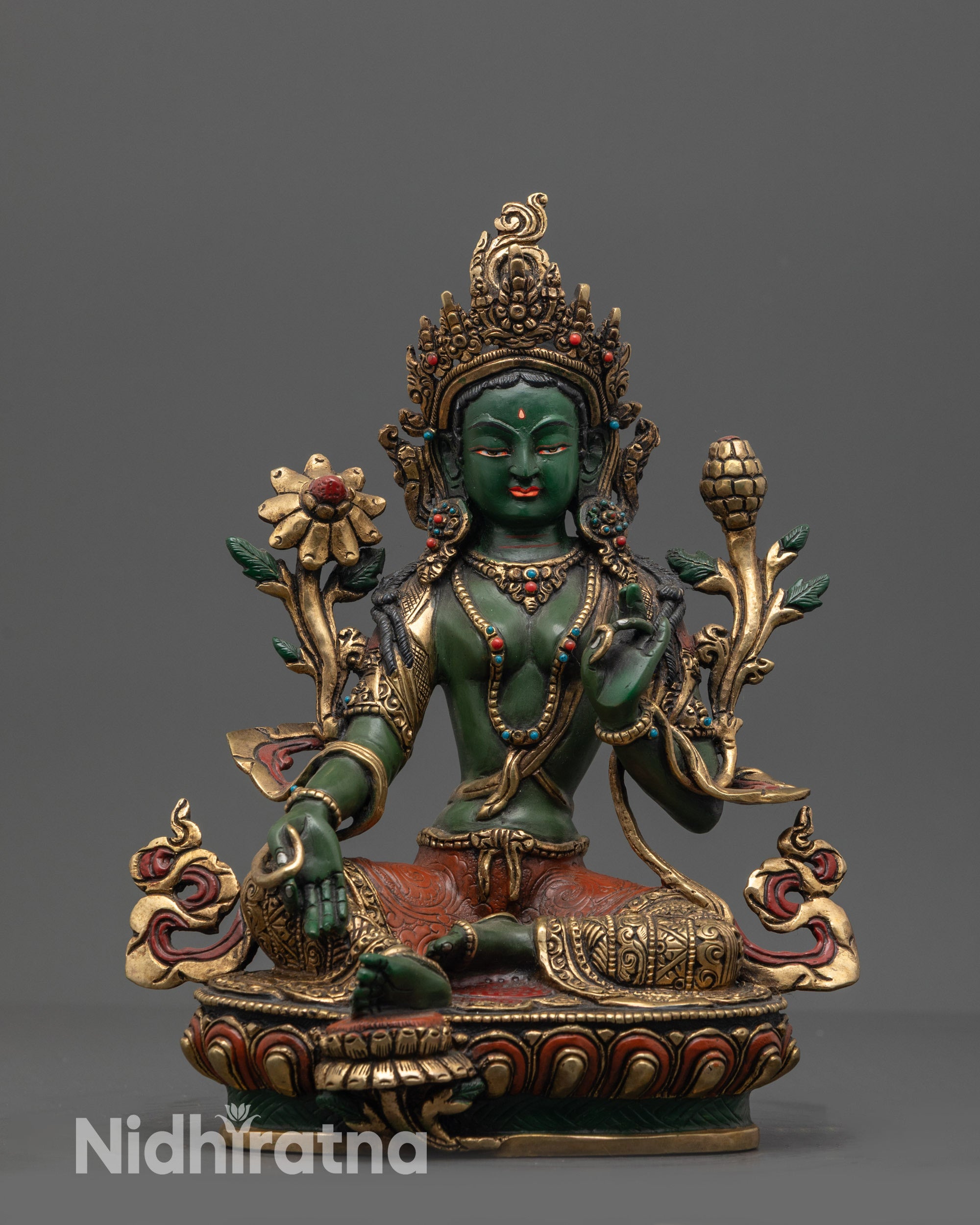 Hand-painted Tibetan Green Tara Dolma Statue in dark green hue, traditional Nepalese craftsmanship