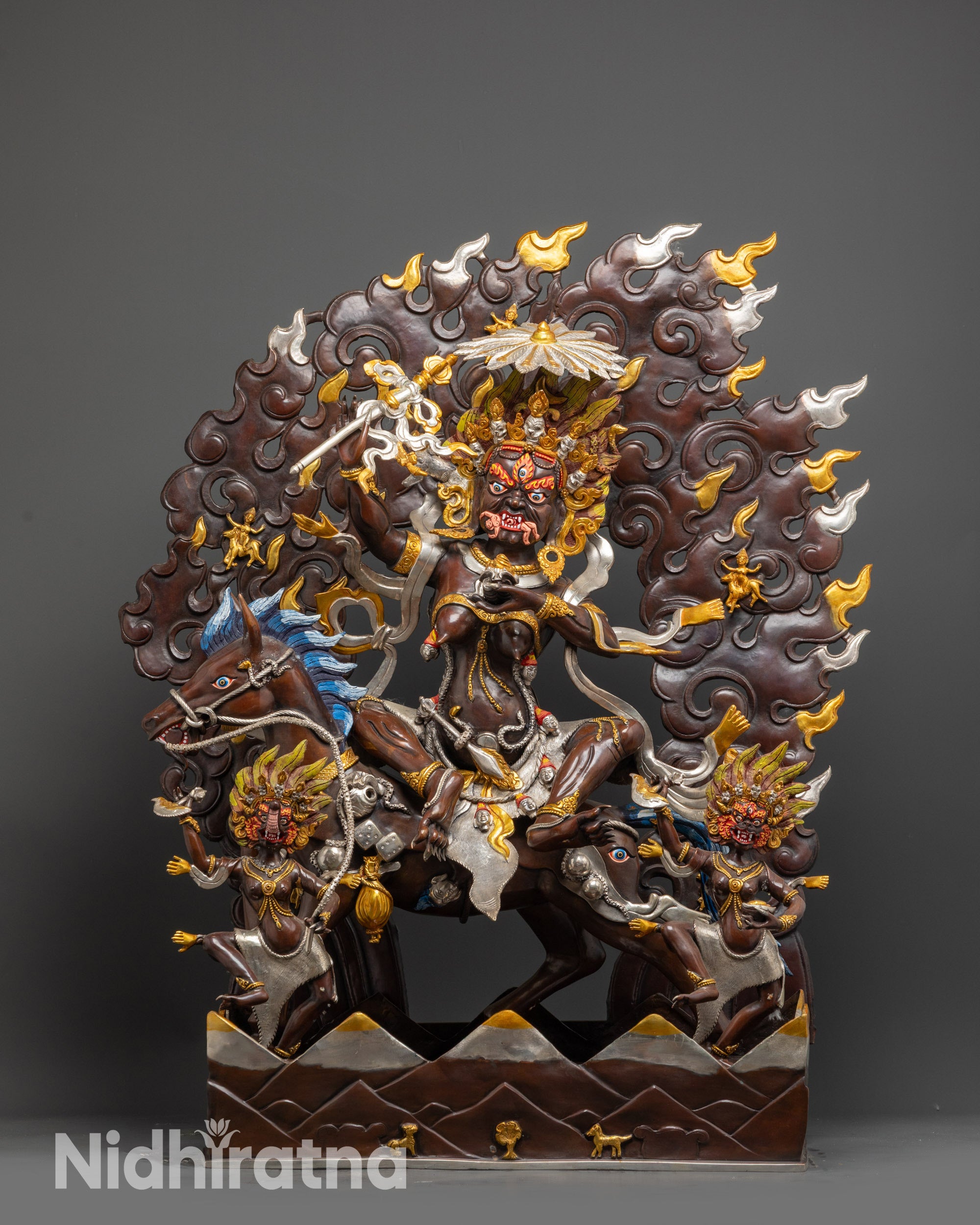 Silver-plated Palden Lhamo Statue, fierce Tantric Buddhist protector goddess, handcrafted in Nepal