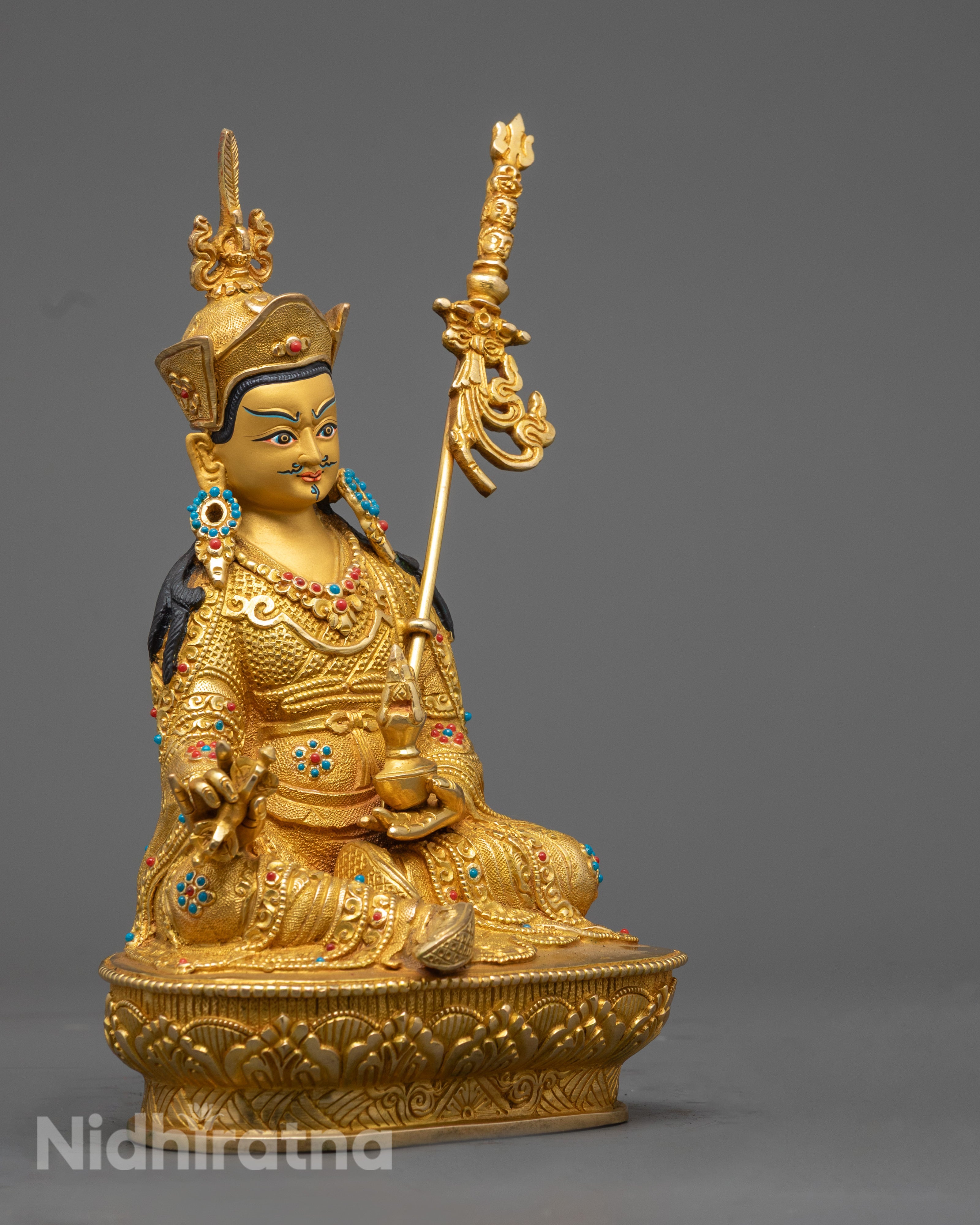 Guru Rinpoche Statue Seated on a Lotus Throne with Semi-Precious Stone Inlays