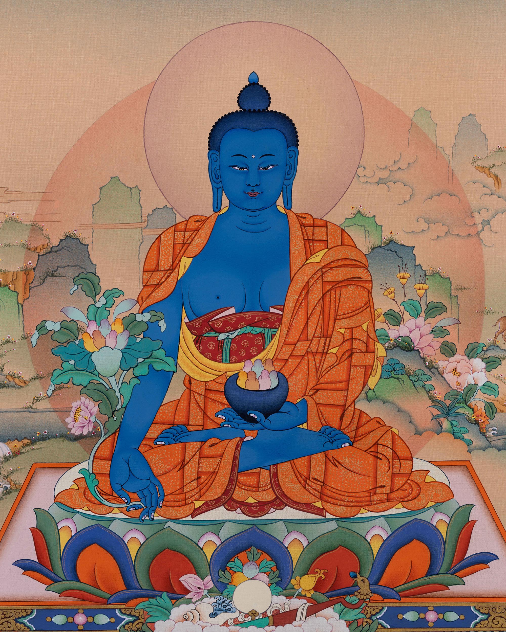 Full View of Medicine Buddha Thangka for Healing and Meditation
