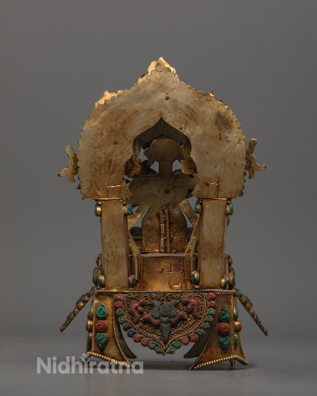 Nepalese Manjushri Bodhisattva Statue on Lotus Pedestal with Acrylic Color Highlights