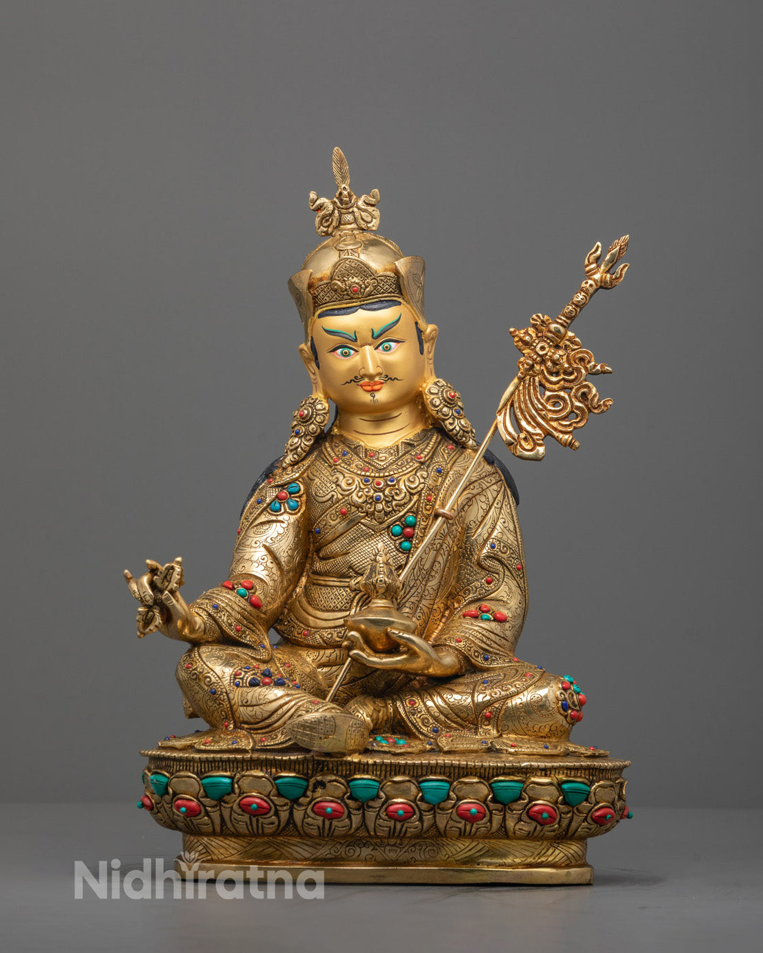 Full View of Seated Guru Rinpoche Statue on Lotus Base with Semi-Precious Stones