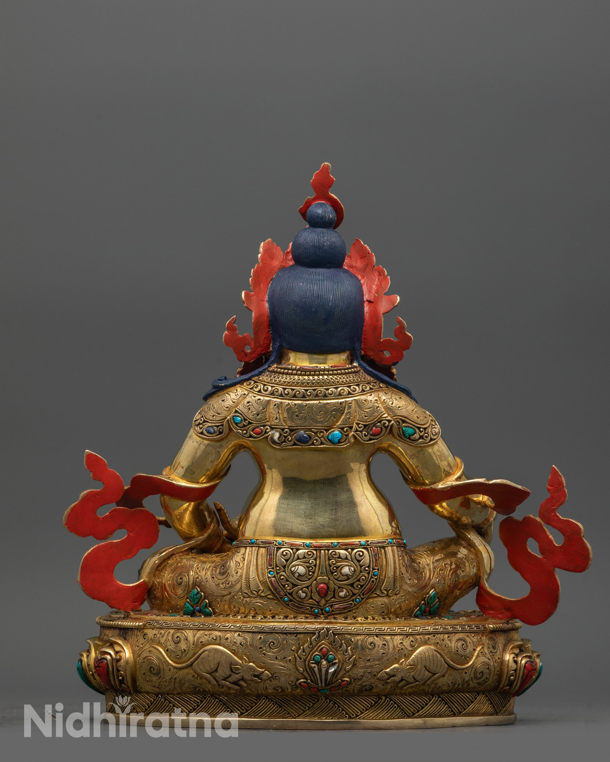 Full frontal image of large Dzambhala Statue for altar, radiating spiritual richness