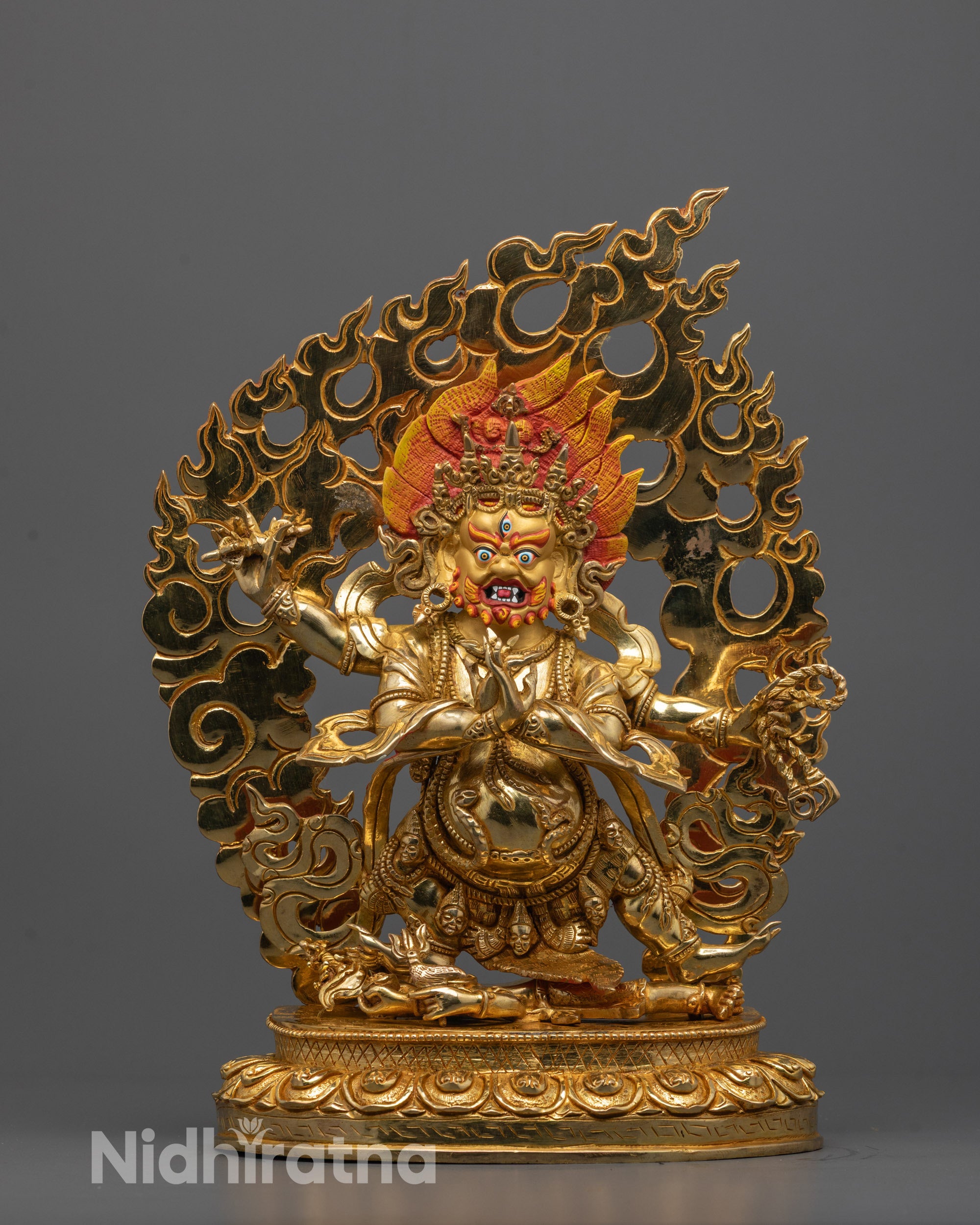 Full image of Hand-Carved Four-Armed Vajrapani Statue Gilded in 24k Gold