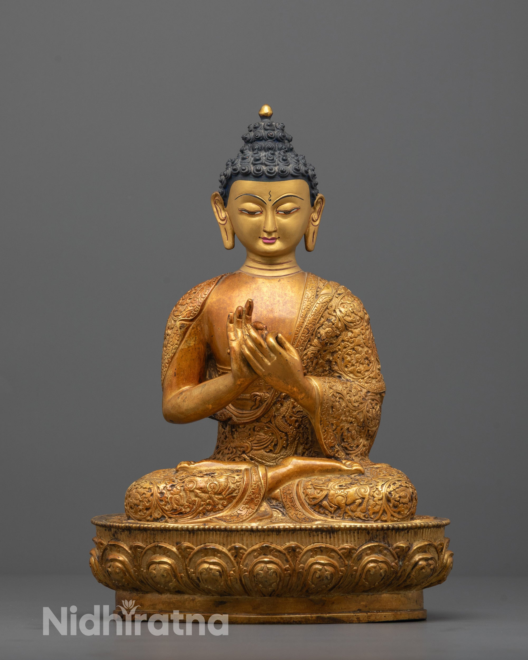 Full image of Hand-Carved Vairocana Buddha Statue from Nepal with 24k Fire Gold Gilding