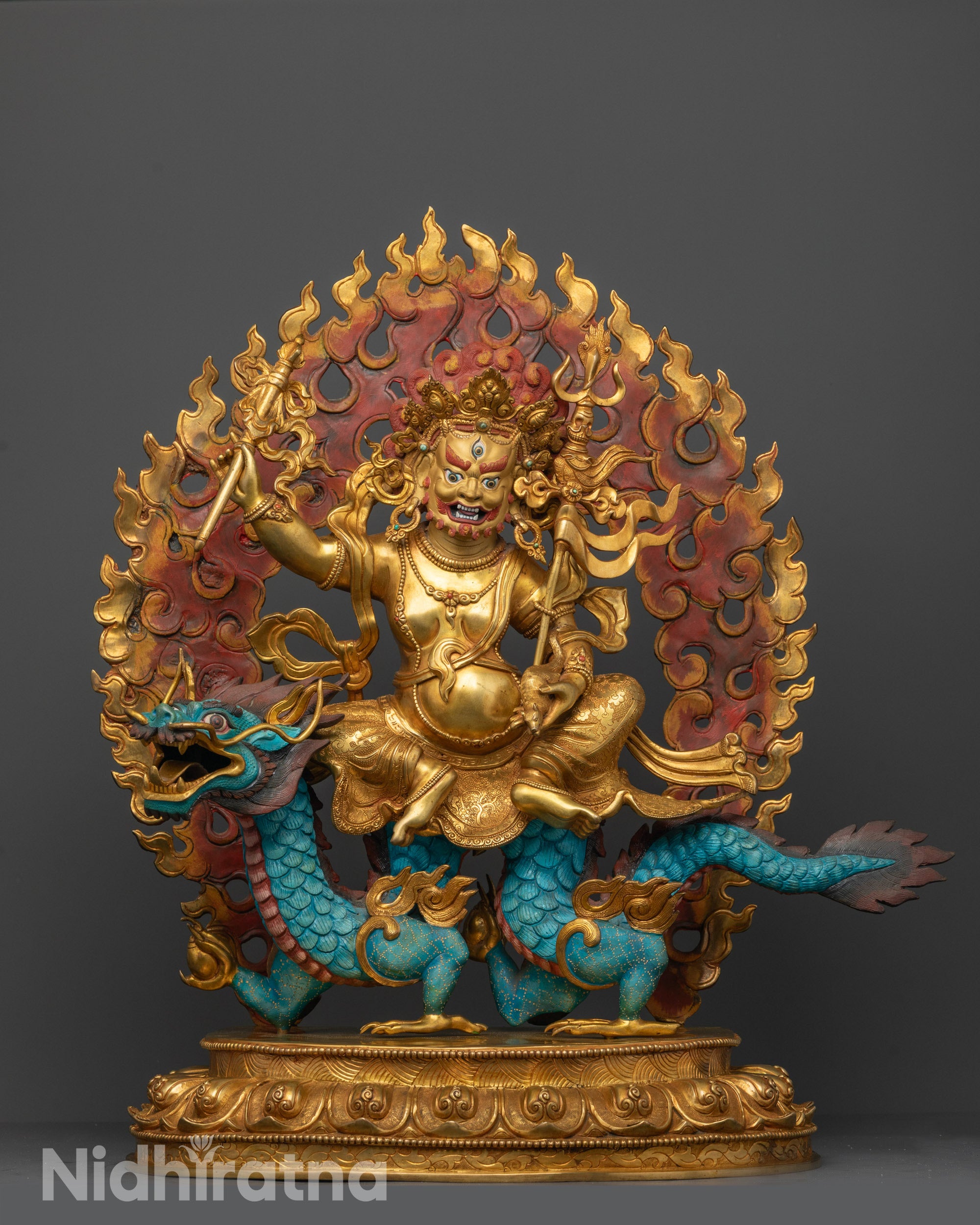 Full image of Hand-Carved White Dzambhala Statue Seated on Dragon Base