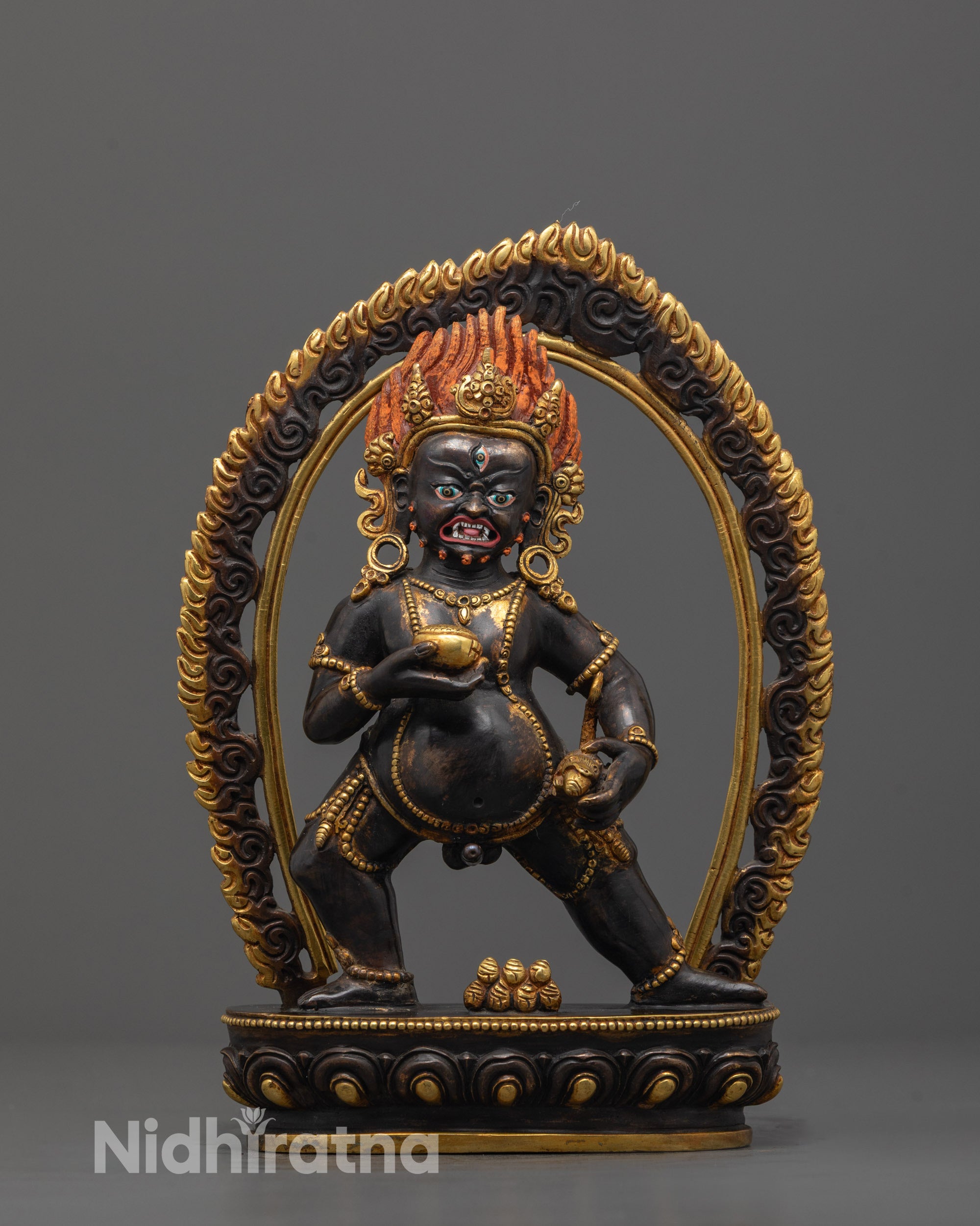 Full image of Hand-carved Black Dzambhala Statue with black acrylic body and gold accents