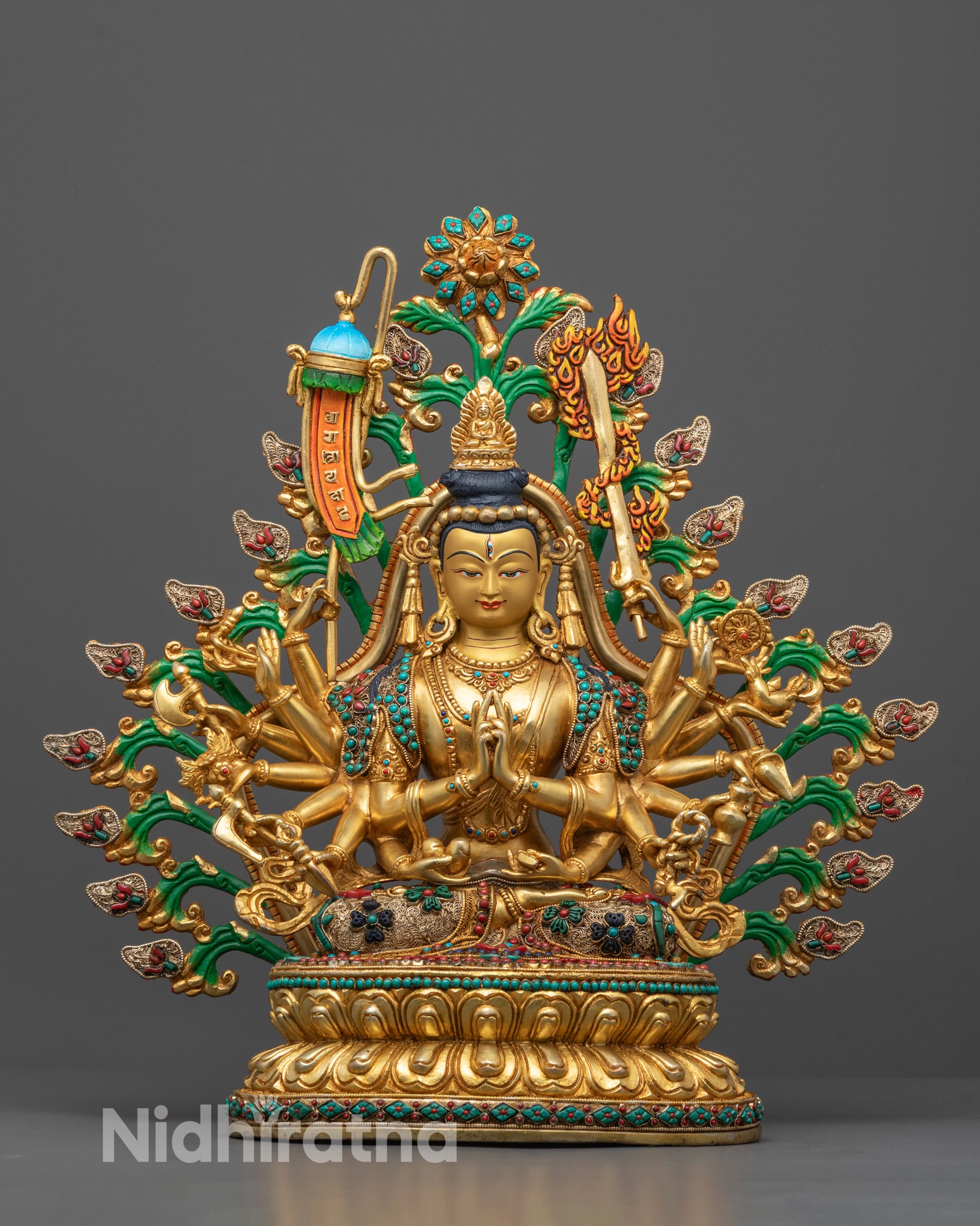 Full image of Hand-carved Chundi Devi statue from Nepal seated on a lotus throne