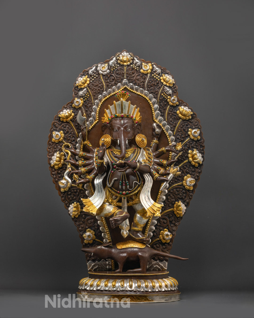 Hand-carved Ganesh Statue in oxidized copper with silver and gold plating