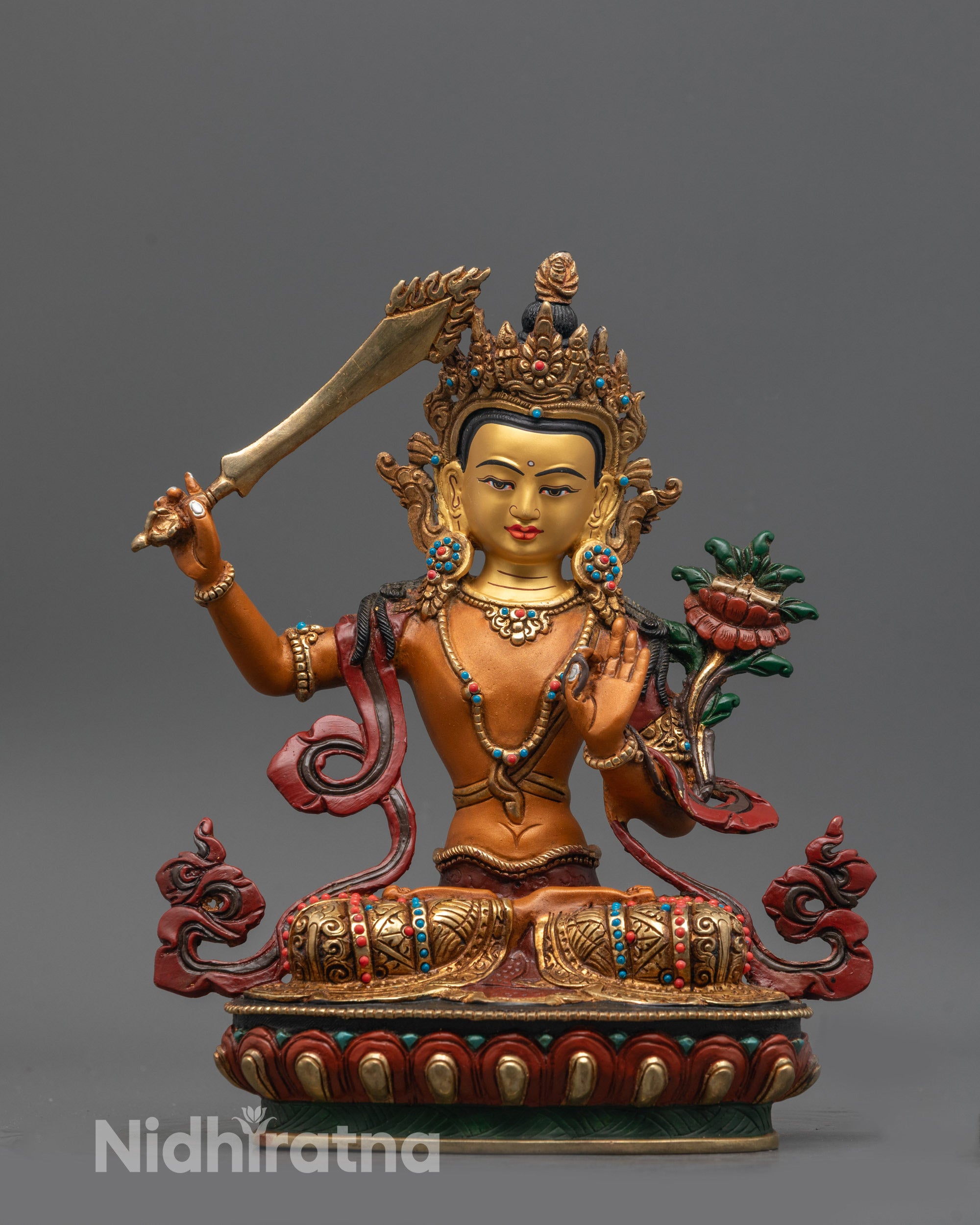 Full image of Hand-carved Nepalese Manjushri Statue with Orange Acrylic Body