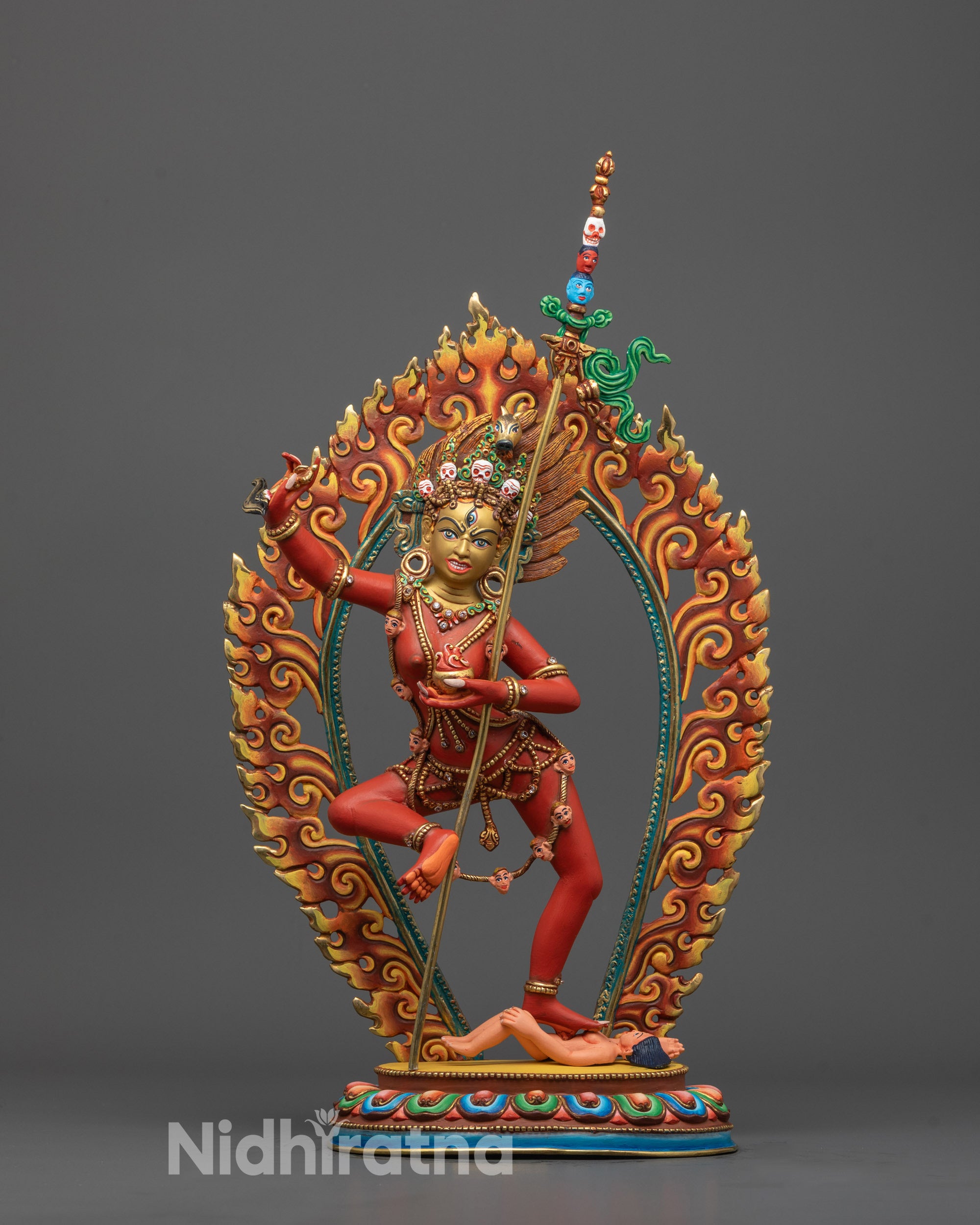 Full image of Hand-carved Red Colored Dorje Phagmo Statue from Nepal standing on lotus seat