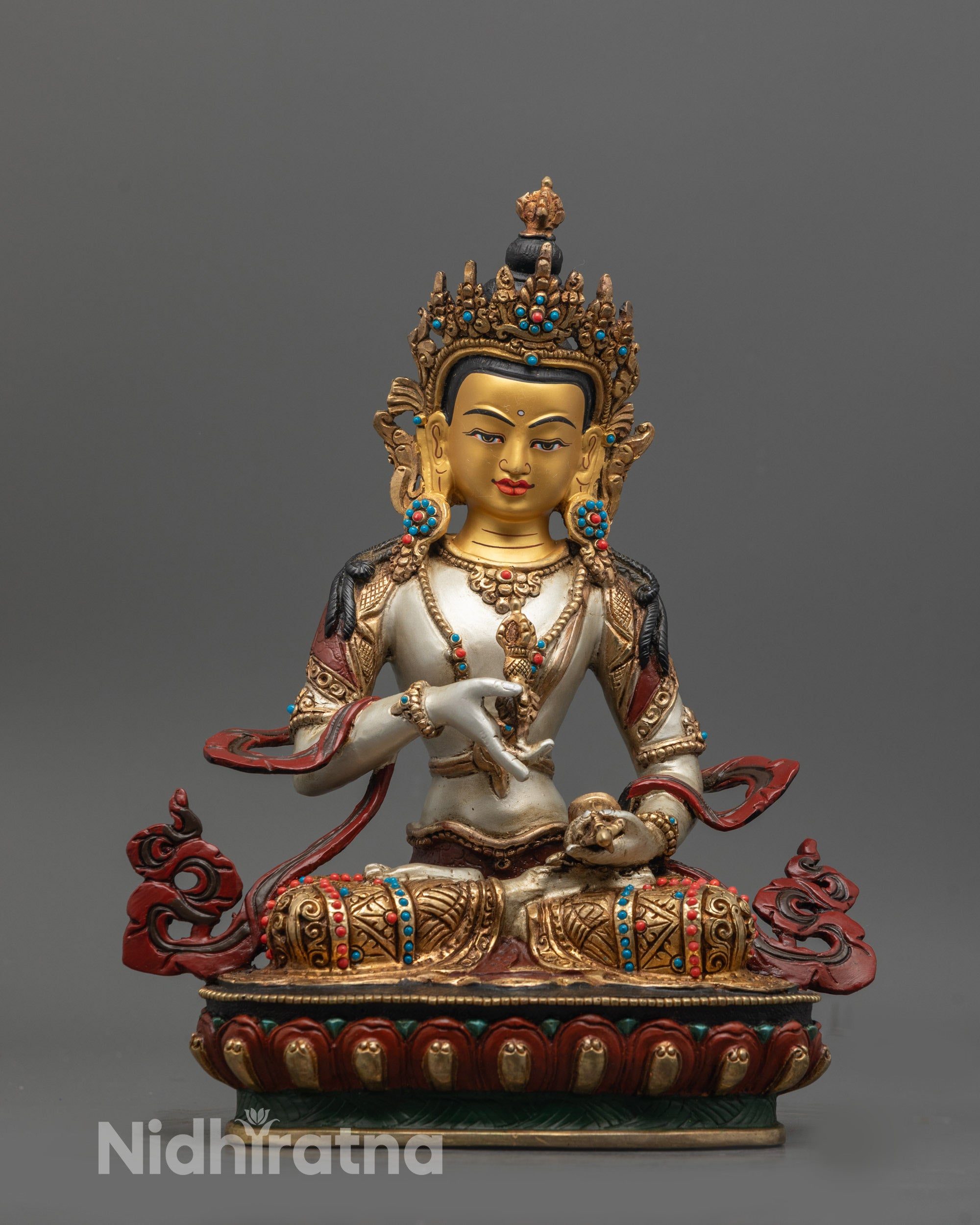 Full image of Hand-carved Vajrasattva Statue with 24k gold-gilded face and silver acrylic body